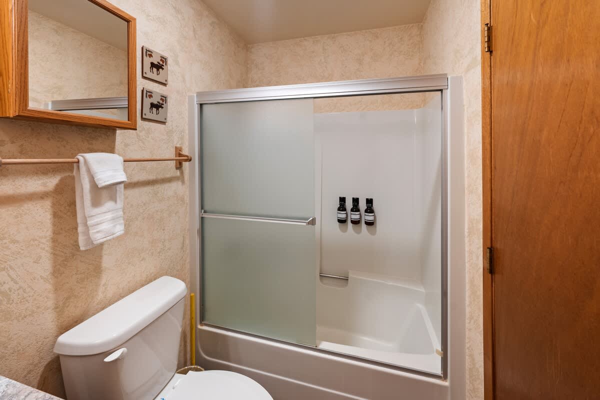 A close-up view of the shower/bathtub combo in a bathroom, featuring frosted glass sliding doors and three wall-mounted amenity bottles. The tub is white, and the surrounding walls are light-colored and textured.