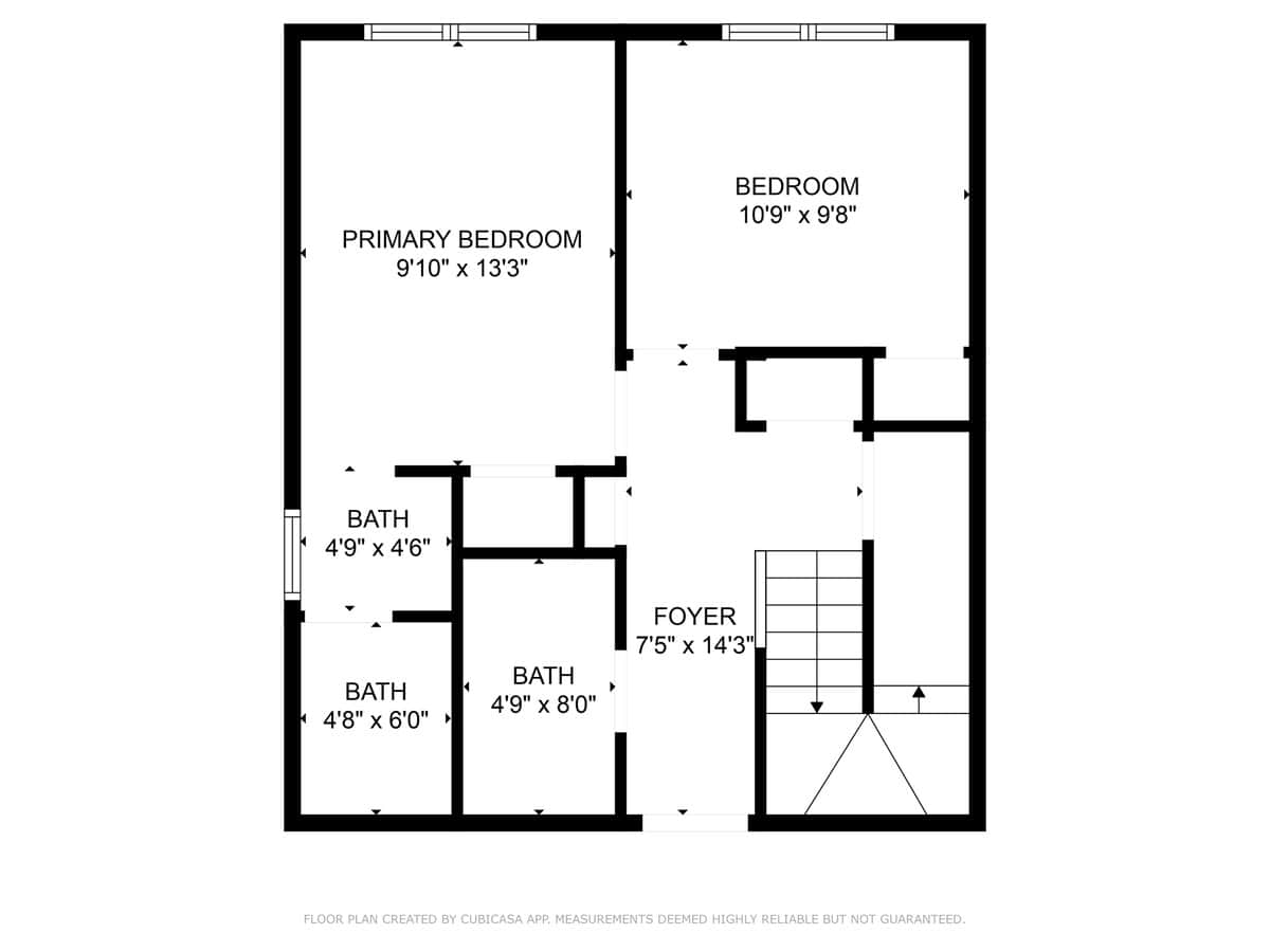 A black and white floor plan illustrating the upper level layout, showing a primary bedroom, a second bedroom, a foyer with stairs, and three bathrooms with their dimensions.