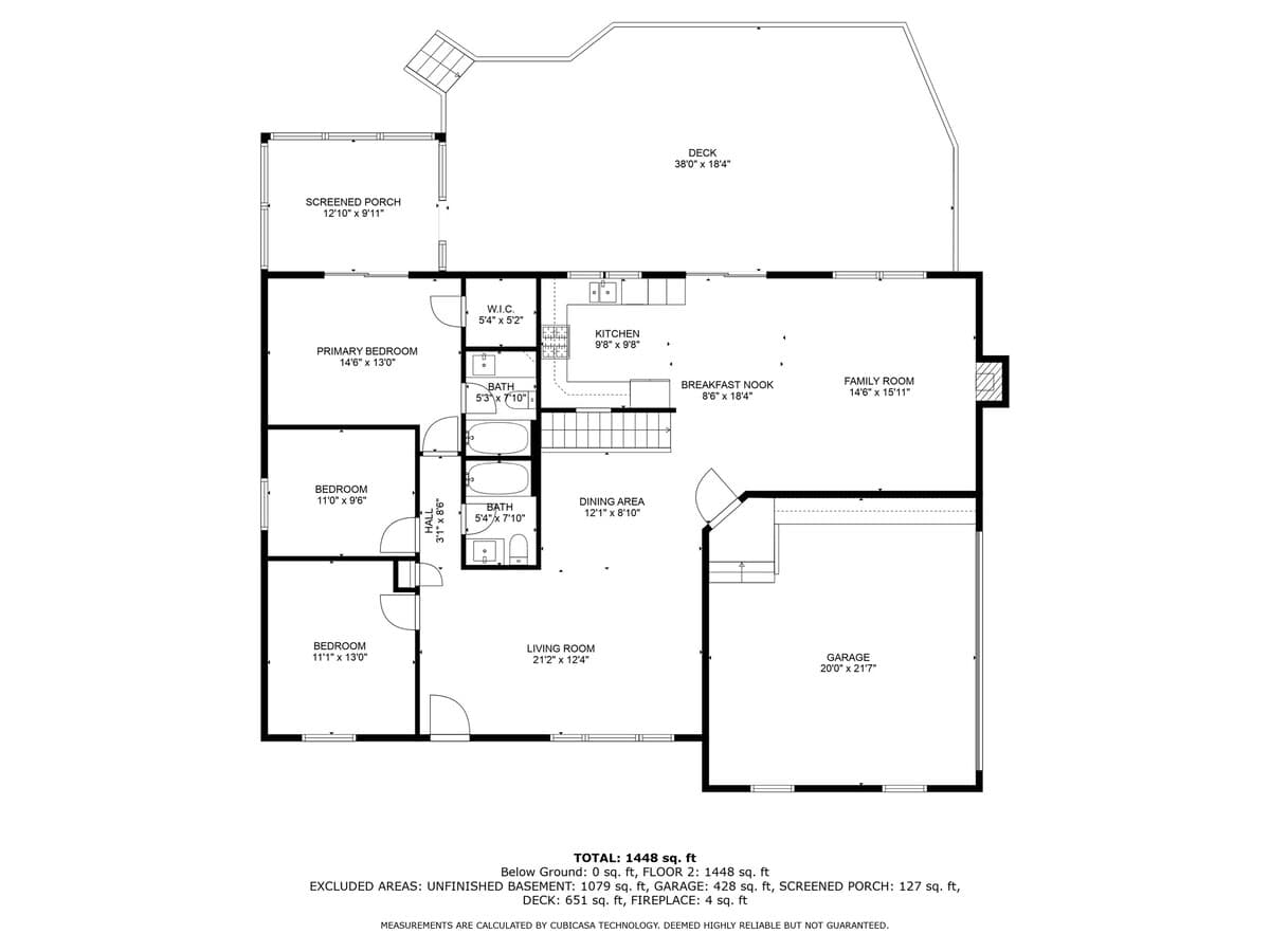 A detailed floor plan of the main level, showing three bedrooms, two bathrooms, a kitchen, dining area, living room, family room, garage, screened porch, and a large deck.