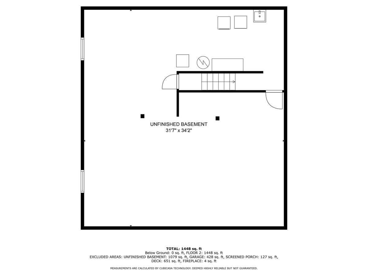 A black and white floor plan illustrating the layout of an unfinished basement, showing its dimensions as 31'7" x 34'2" and indicating stairs leading up.