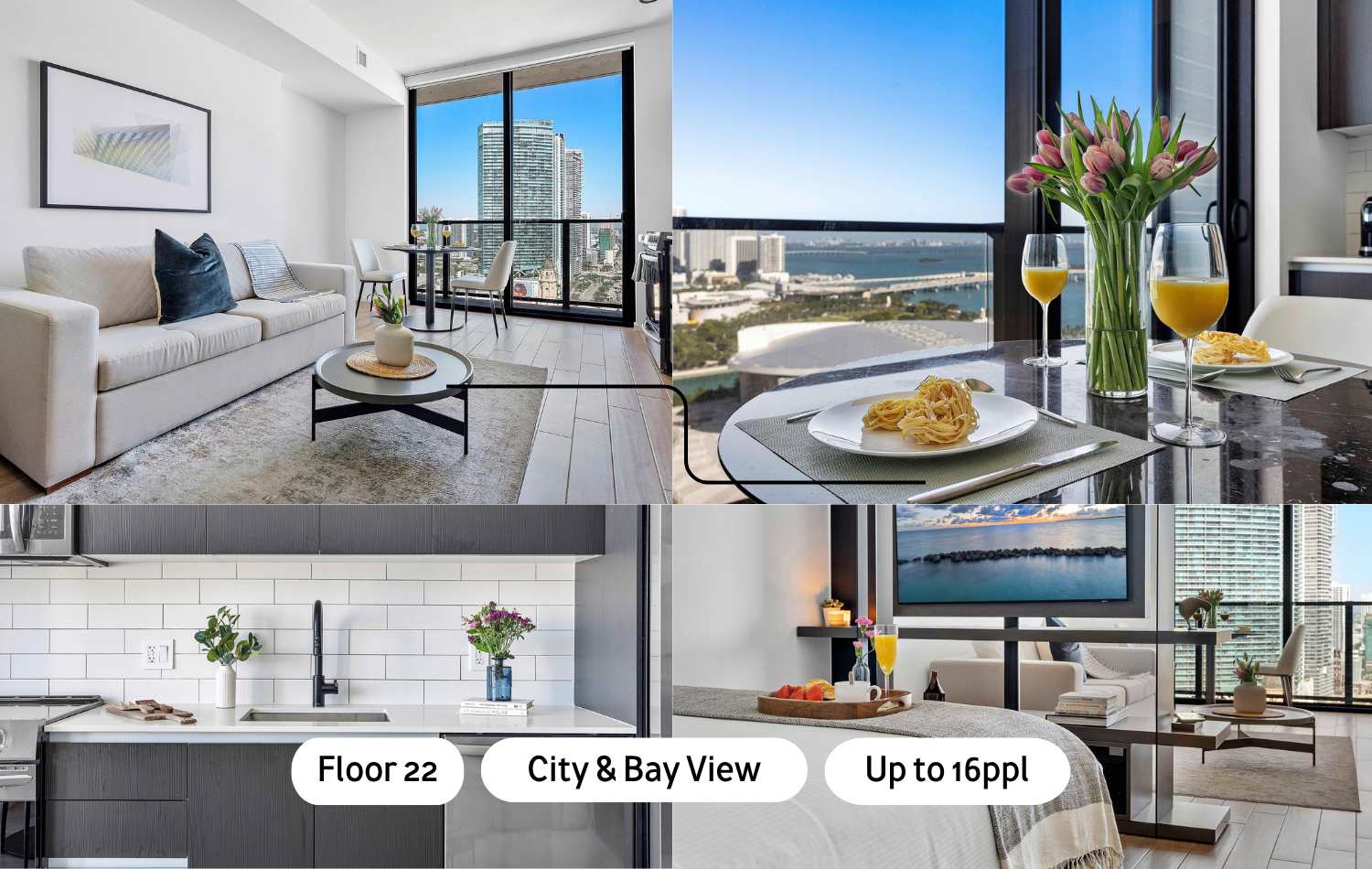 A collage showcasing various areas of the property, including a modern living room, a dining area with bay views, a sleek kitchen, and a bedroom with a city view, all featuring large windows and contemporary decor on floor 22.
