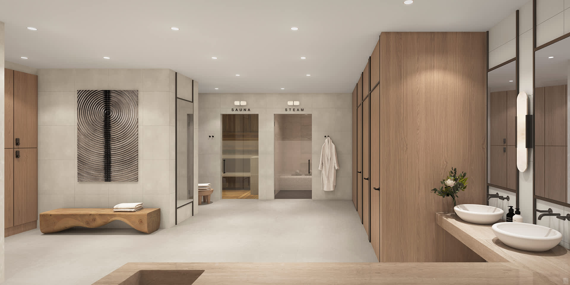 A serene spa area includes separate sauna and steam rooms with glass doors, alongside a vanity with double sinks and a wooden bench, all in a minimalist design with light wood and neutral tones.