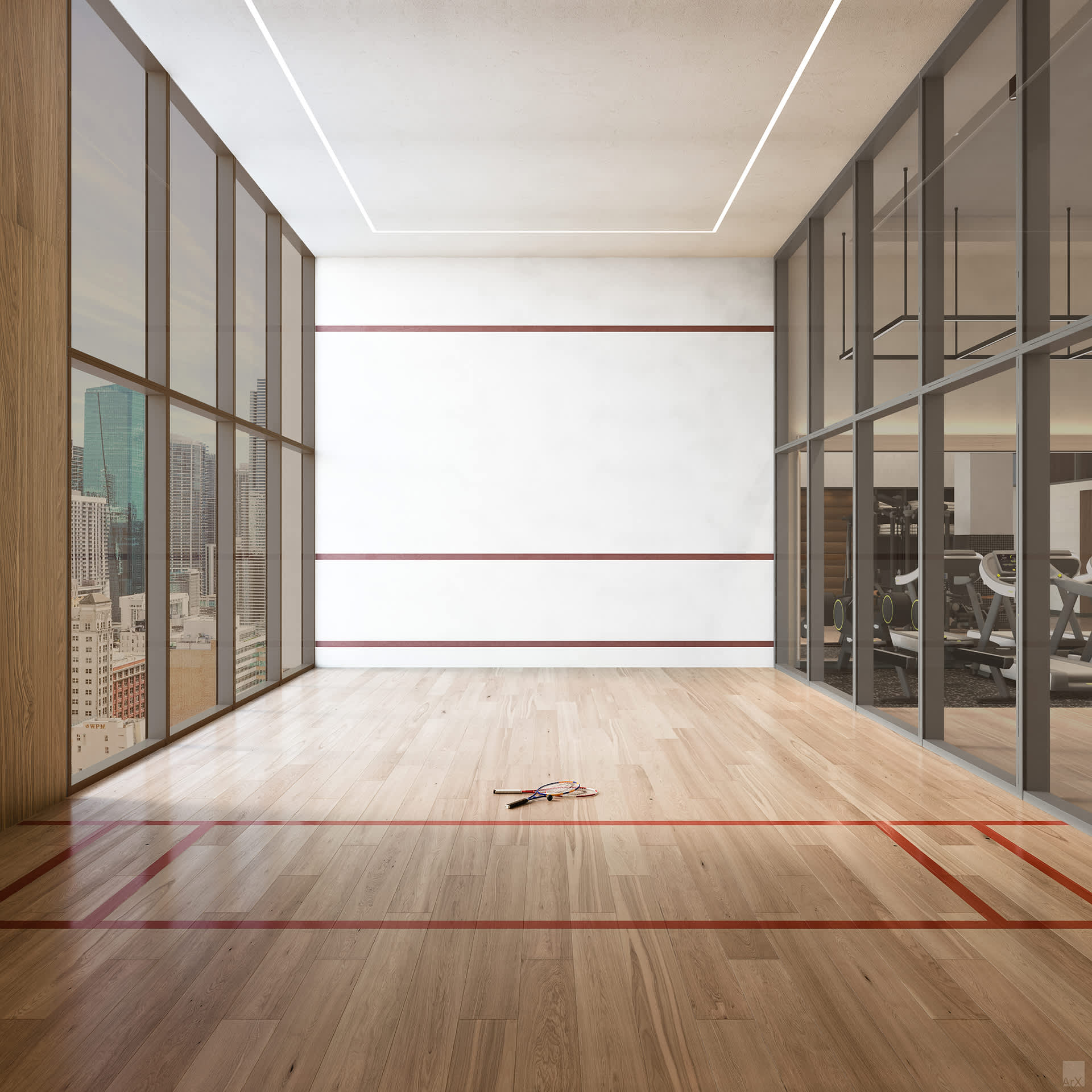 Modern squash court with light wood flooring, white walls marked with red lines, and expansive floor-to-ceiling windows offering panoramic city views. Two rackets and a ball rest on the court floor.
