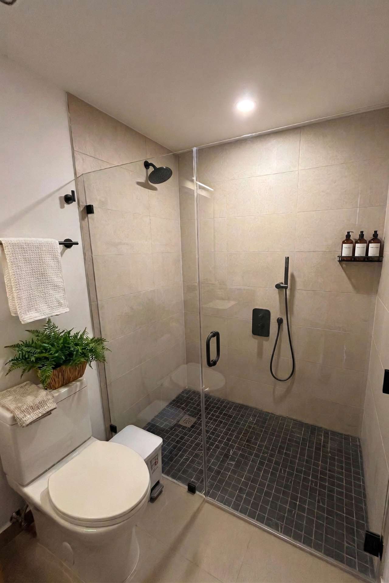 A modern bathroom features a glass-enclosed walk-in shower with dark gray mosaic floor tiles and light beige wall tiles, alongside a white toilet with a plant on top.