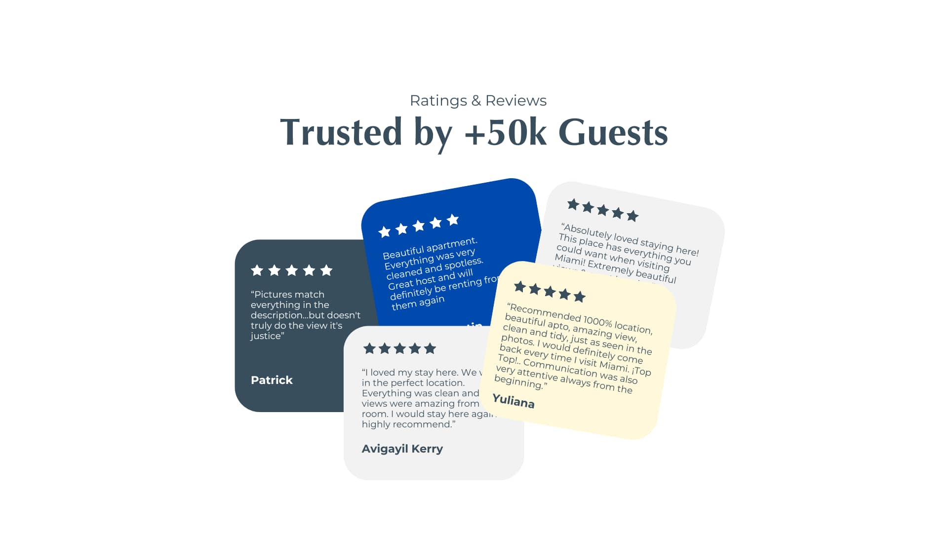 Graphic showcasing 'Ratings & Reviews' from over 50,000 guests, featuring several positive testimonials with star ratings and guest names, presented on overlapping speech bubble shapes against a light background.