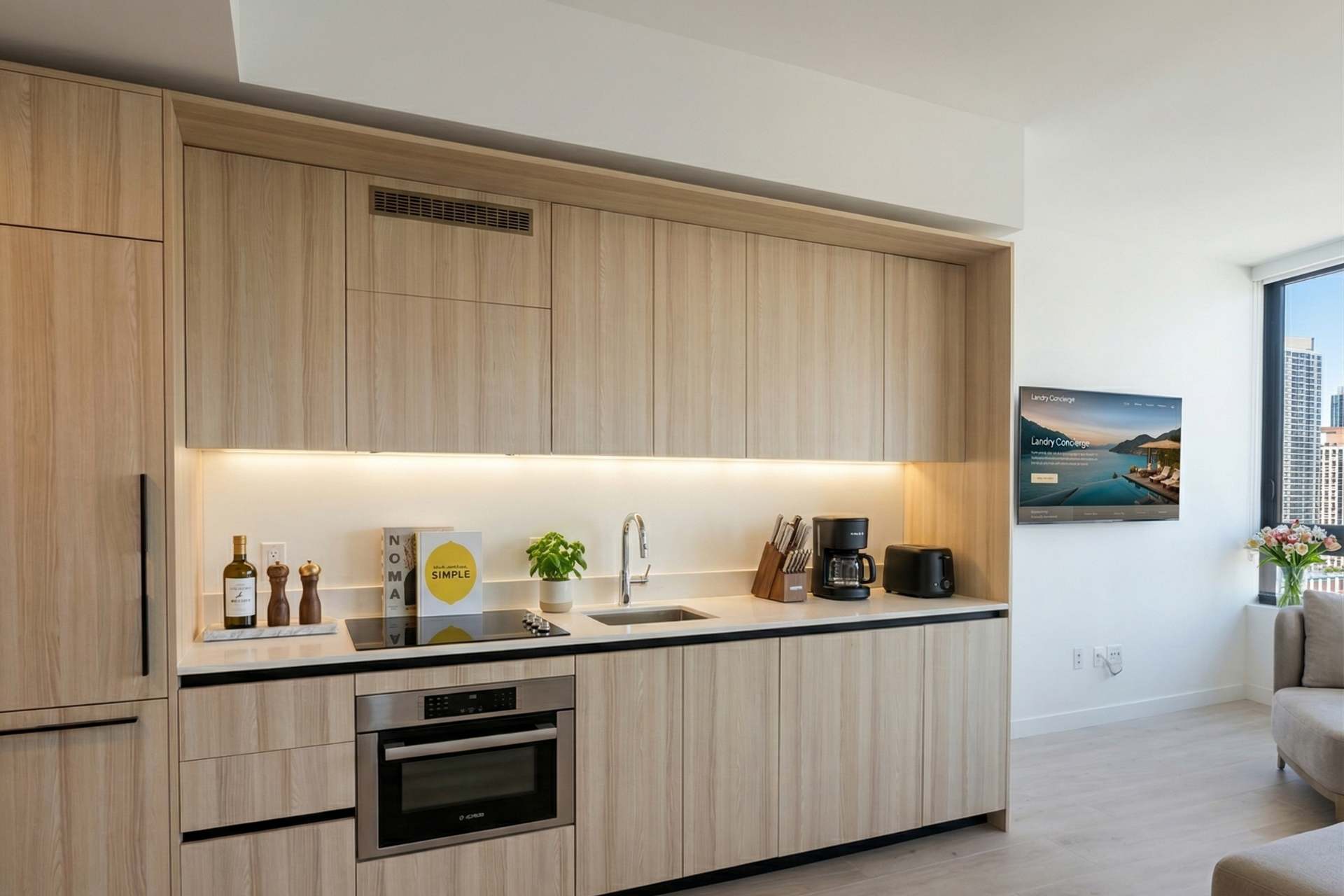 A sleek, modern kitchen with light wood cabinetry, white countertops, and integrated stainless steel appliances, including an oven and stovetop. Under-cabinet lighting illuminates the workspace.