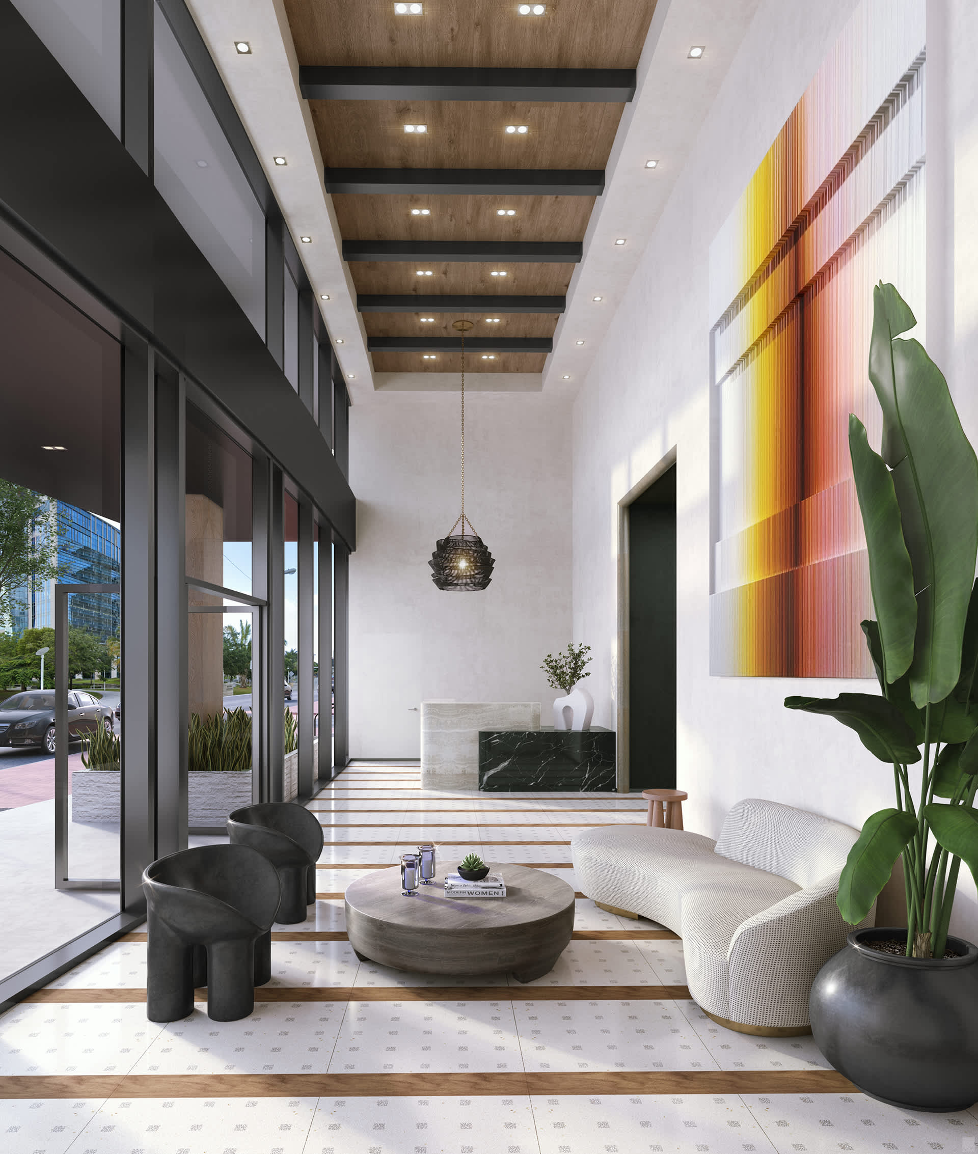 Elegant lobby with a reception desk featuring marble accents, a curved cream sofa, unique black sculptural armchairs, a round wooden coffee table, and a large vibrant abstract art piece on the wall. The ceiling showcases wooden beams and modern pendant lighting.