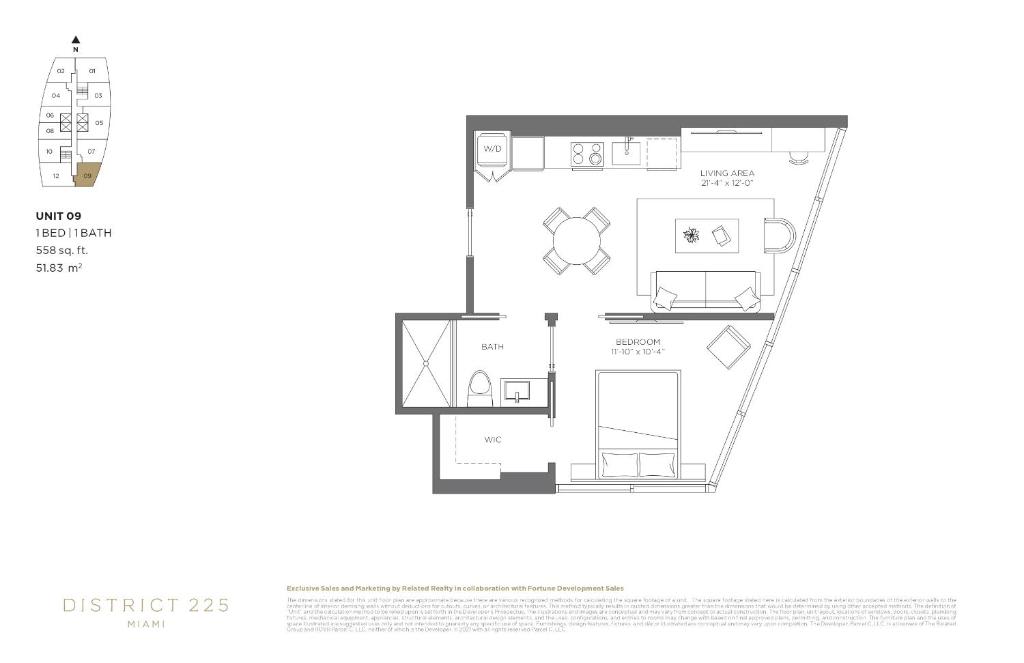 Detailed floor plan for a 1-bedroom, 1-bathroom unit (Unit 09) measuring 558 sq. ft. or 51.83 m², illustrating the layout of the living area, bedroom, kitchen, and bathroom with a walk-in closet.
