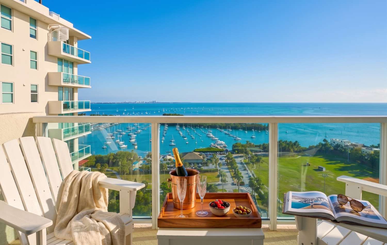 Inviting balcony with two white Adirondack chairs and a small table, set with a champagne bucket, glasses, and snacks, all overlooking a picturesque marina and the vast blue ocean under a clear sky.