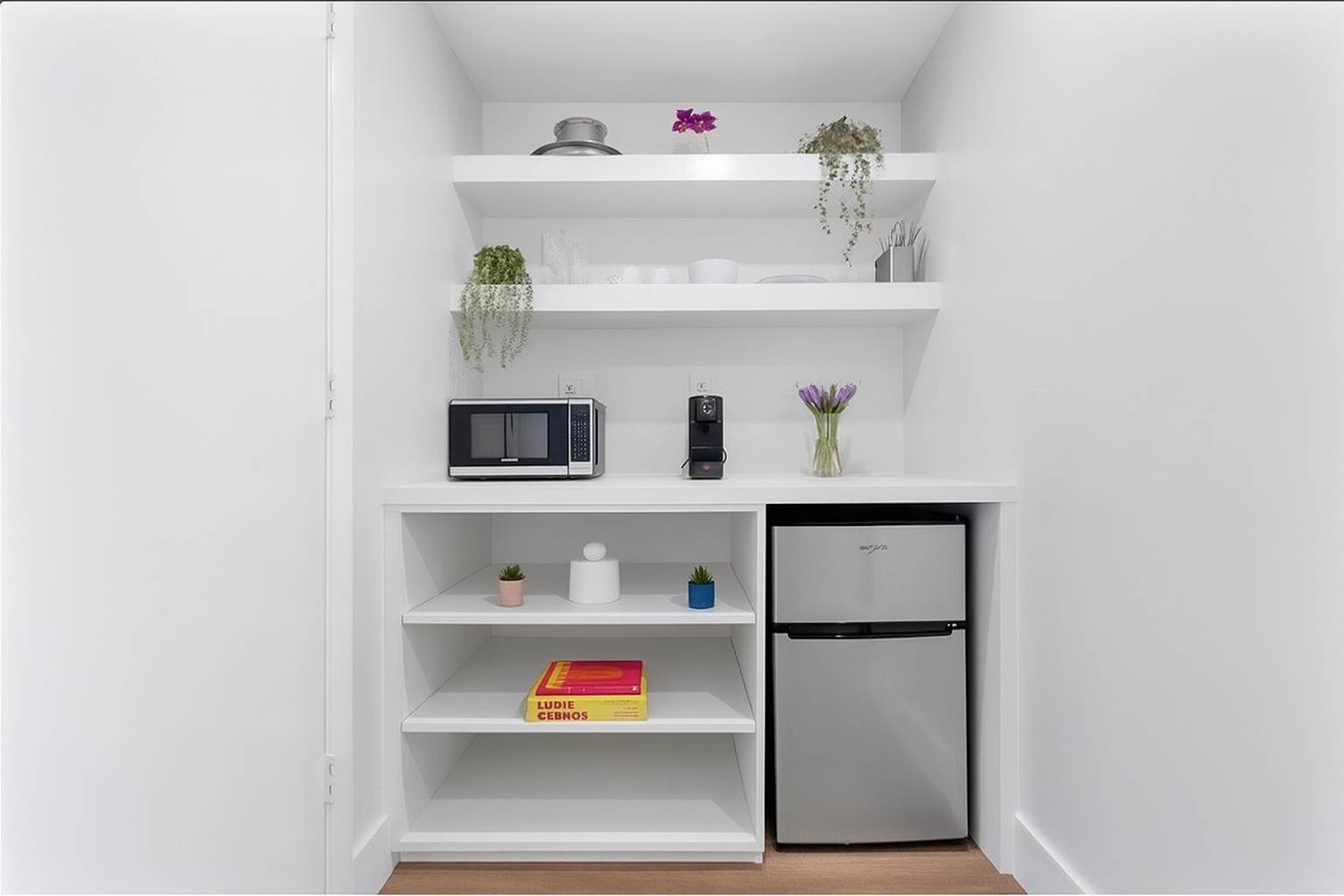 A compact kitchenette area with white shelving features a microwave, coffee maker, and a mini-fridge, along with decorative plants and books.