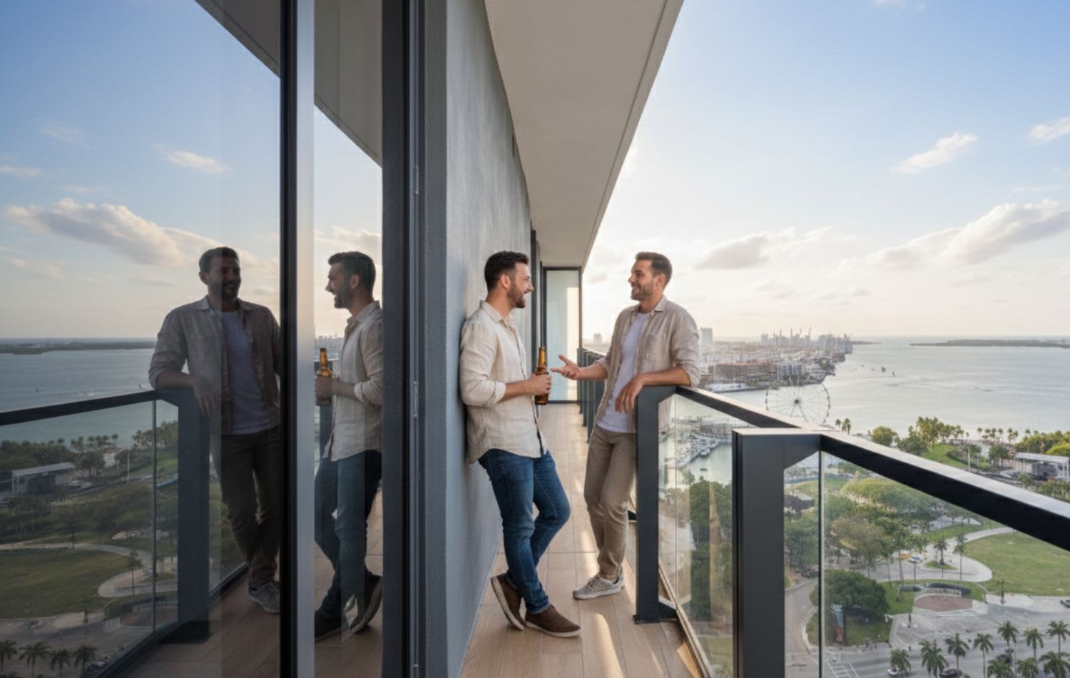 Spacious balcony offering panoramic city and bay views, featuring a glass railing and ample space for guests to relax and socialize while enjoying the outdoor scenery. Two men are seen conversing with drinks.