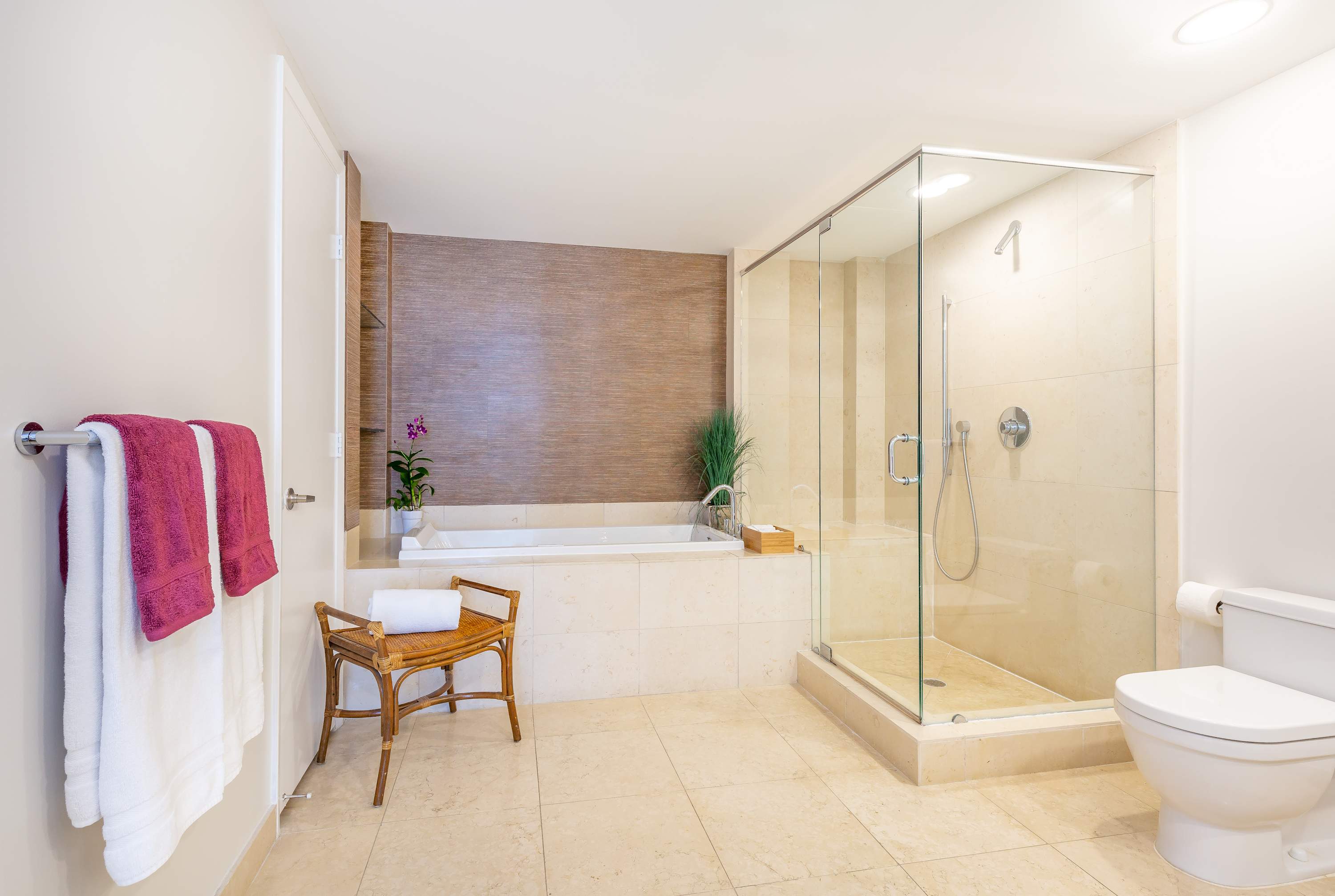 Spacious bathroom with a built-in soaking tub, a separate walk-in shower with a glass enclosure, and a toilet. The walls are a mix of light paint and horizontal brown tiling, with light-colored floor tiles throughout.