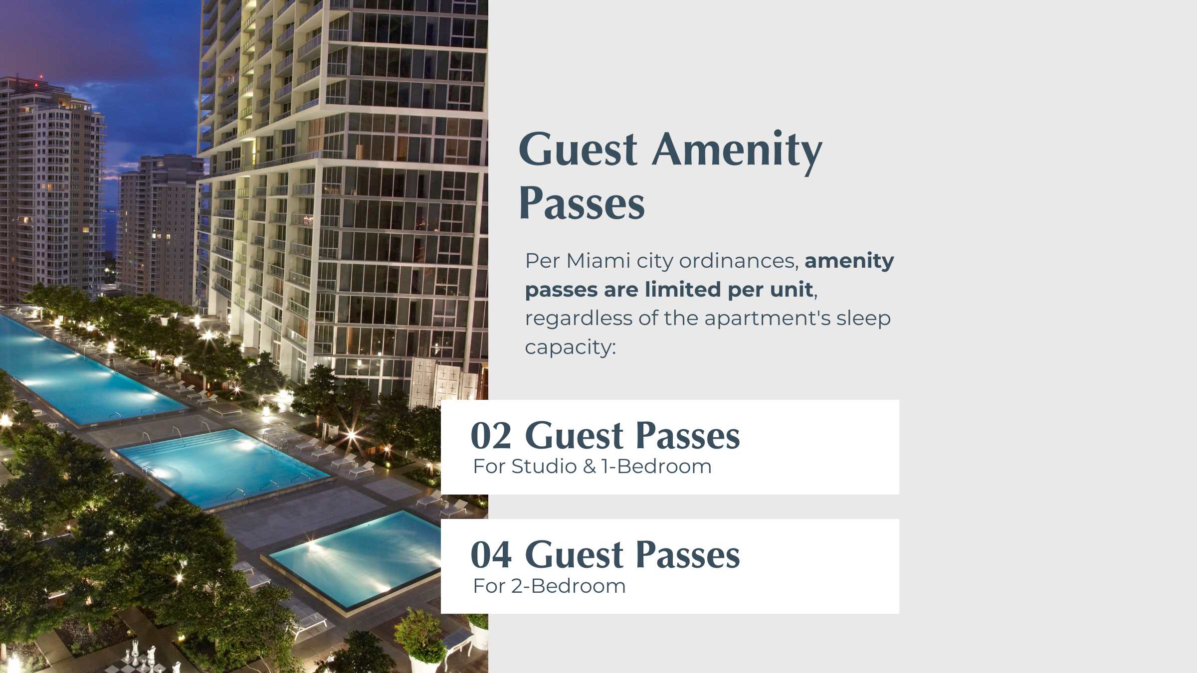 A graphic titled "Guest Amenity Passes" explaining the limitation of passes per unit based on bedroom count, overlaid on an image of a modern high-rise building with multiple swimming pools.