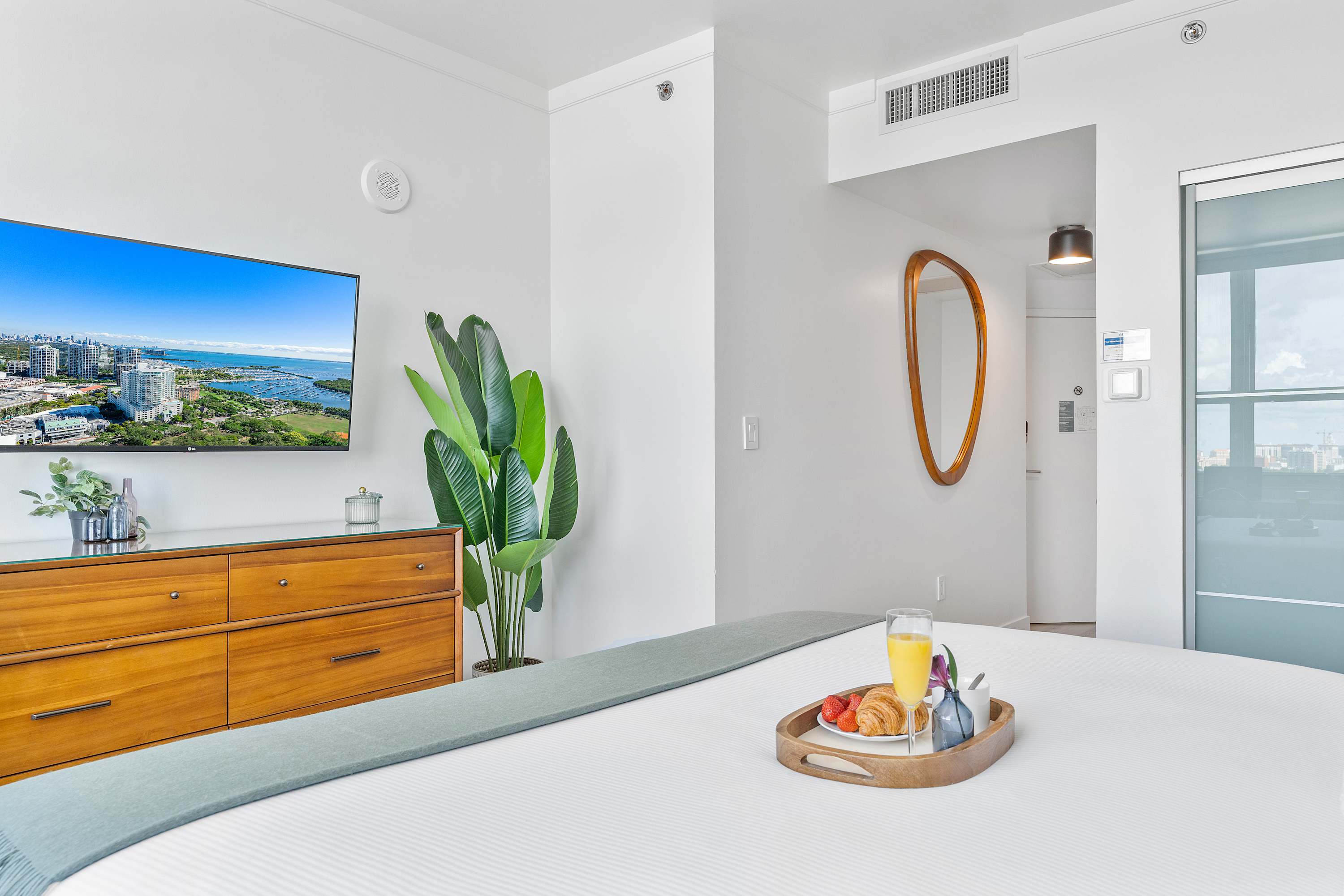 A view from the bed towards the entrance of the bedroom, showing a wall-mounted TV above a wooden dresser, a large plant, and a glimpse of the hallway with a mirror.