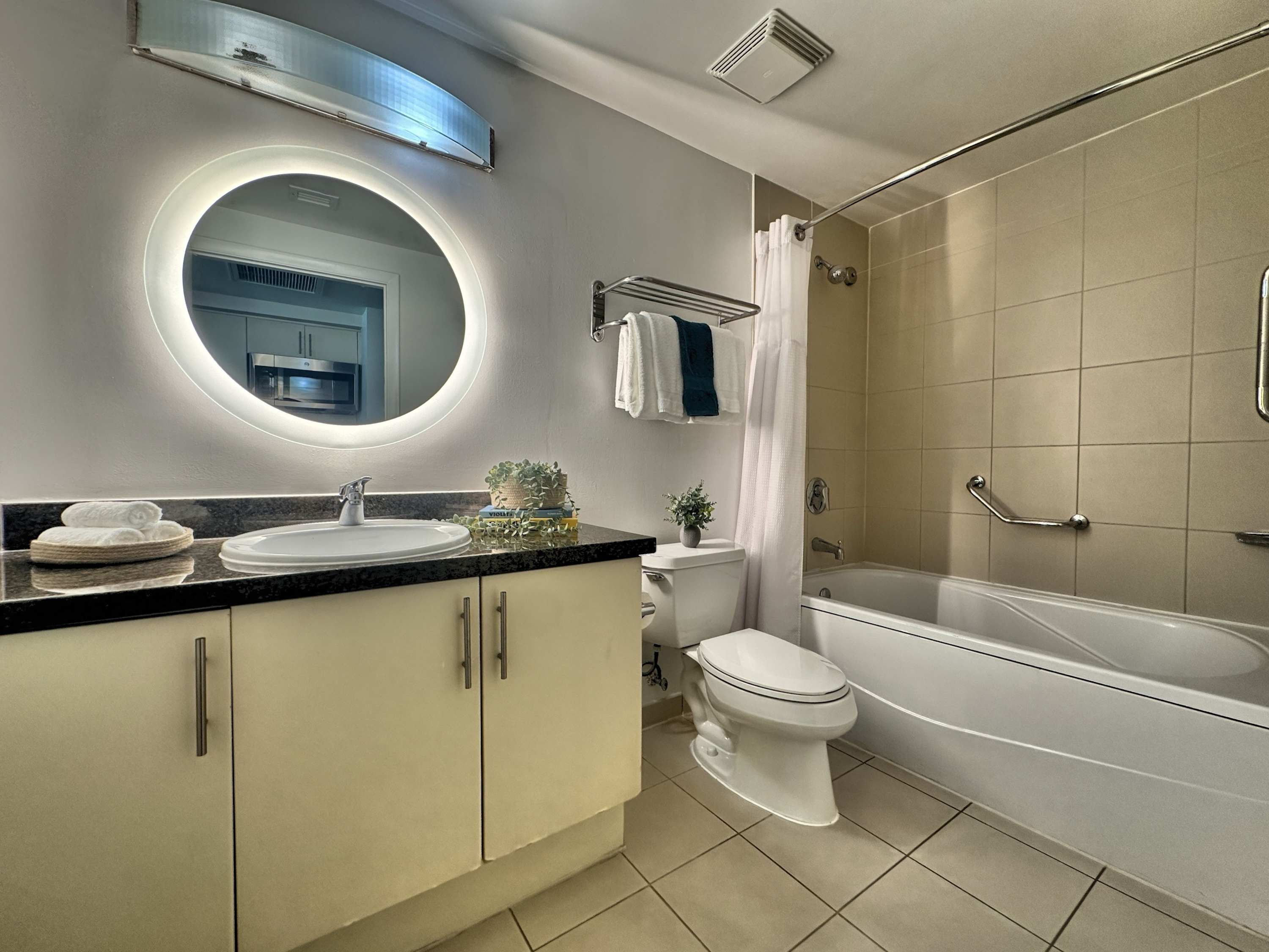 A modern bathroom featuring a dark granite vanity with a white sink and a large circular backlit mirror, a toilet, and a combination bathtub and shower with a white curtain and grab bar.
