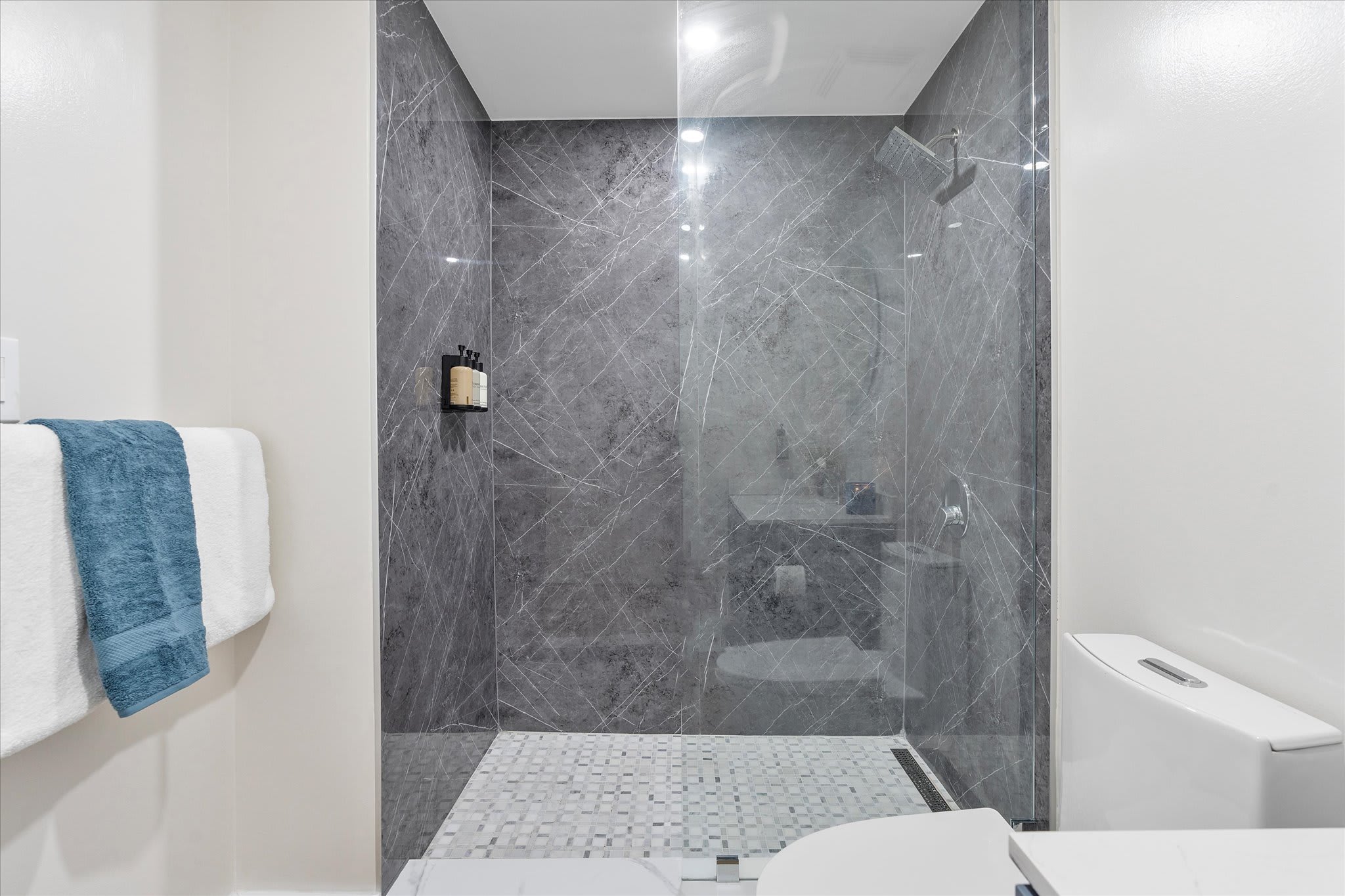 Spacious walk-in shower with dark gray marble-patterned wall tiles and a mosaic-tiled floor. A clear glass enclosure and a modern shower head complete the sleek design.
