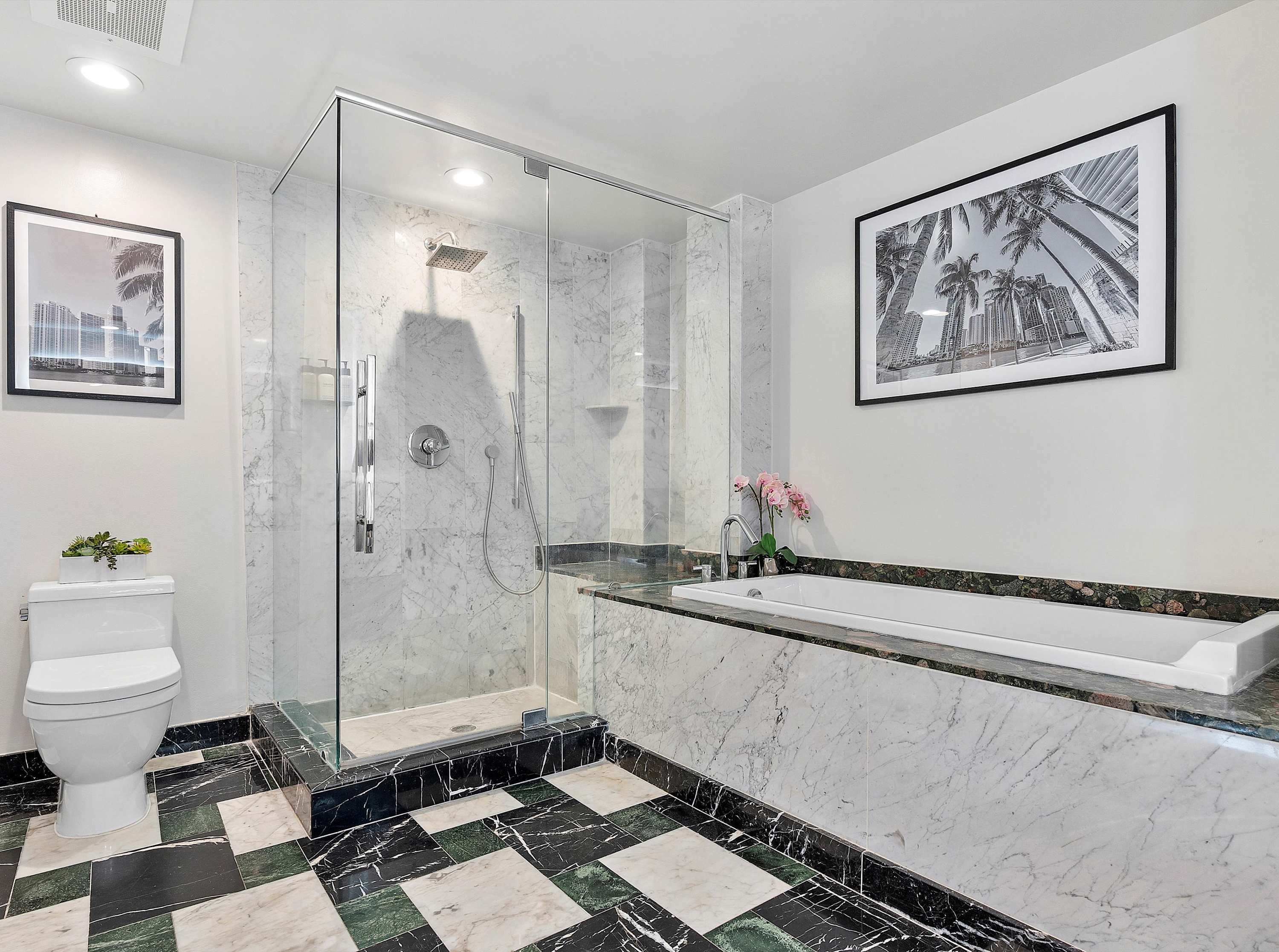 Luxurious bathroom featuring a spacious glass-enclosed shower, a large soaking tub with marble surround, and a distinctive black and green checkered marble floor.