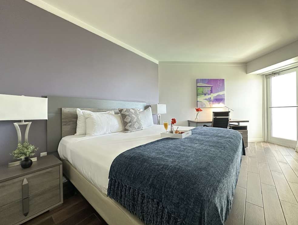 A bright bedroom featuring a king-sized bed with a grey headboard, white linens, and a blue throw. The room includes a desk and chair, light wood flooring, and a large glass door leading to an outdoor space, allowing ample natural light.