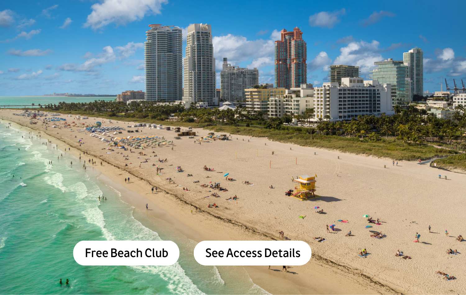 An aerial view captures a vibrant Miami beach scene with turquoise ocean waves, a sandy shore dotted with sunbathers and umbrellas, and a backdrop of high-rise buildings. Two call-to-action buttons overlay the image.