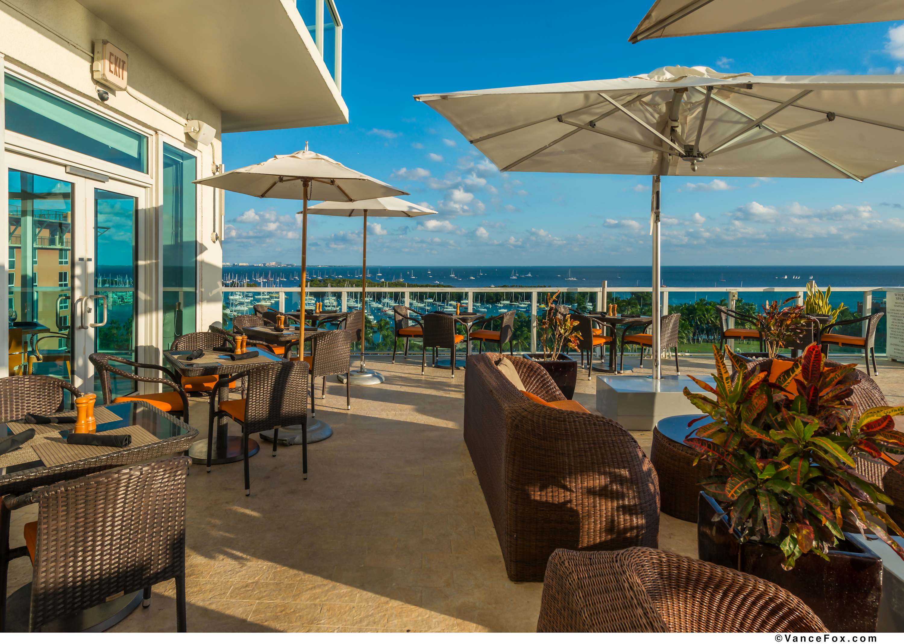 Elevated outdoor deck featuring multiple dining tables with wicker chairs and large white umbrellas, overlooking a bustling marina filled with sailboats and the expansive ocean beyond. Potted tropical plants decorate the space.