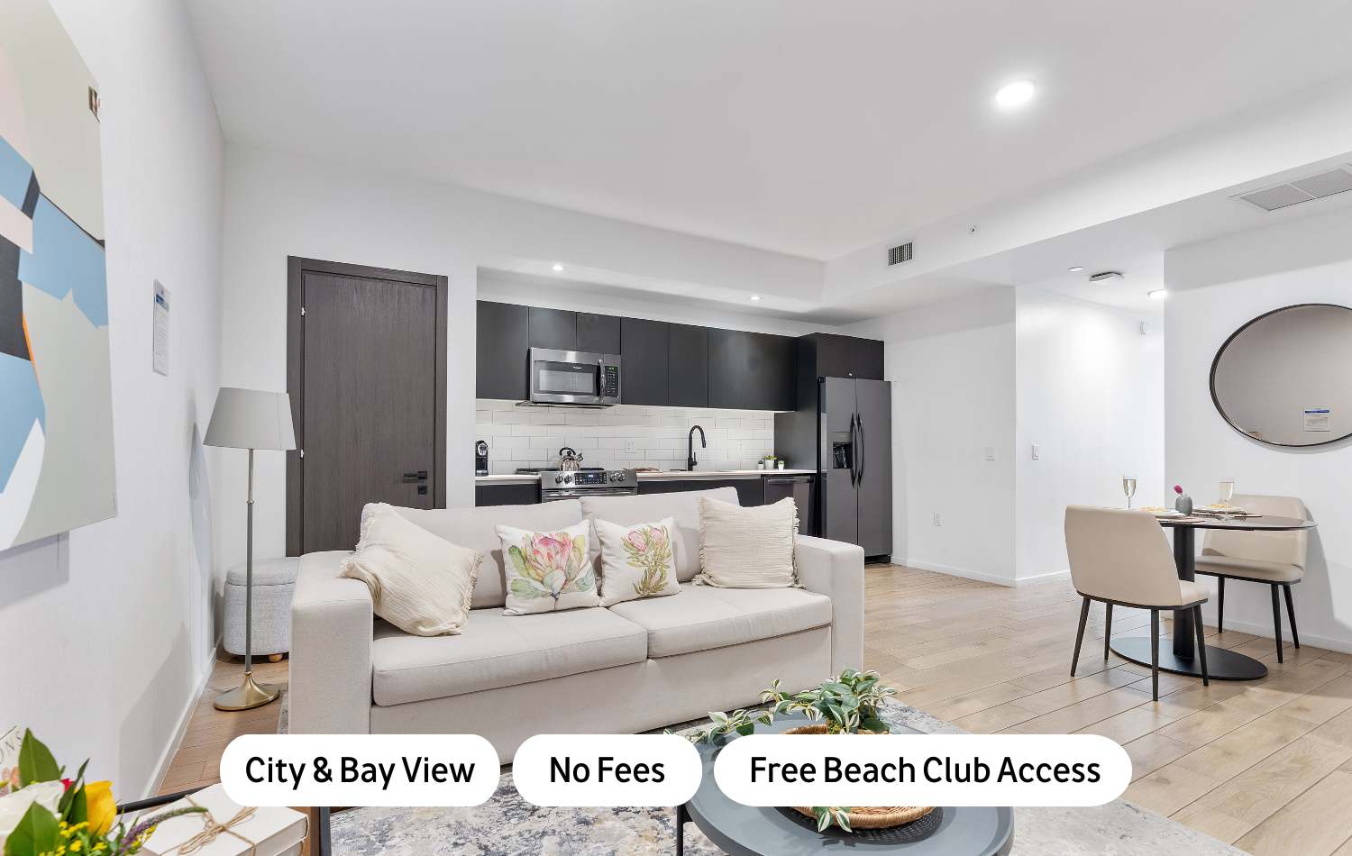 Living room 1, Expansive Bay Views | Modern 1BR Downtown Apt