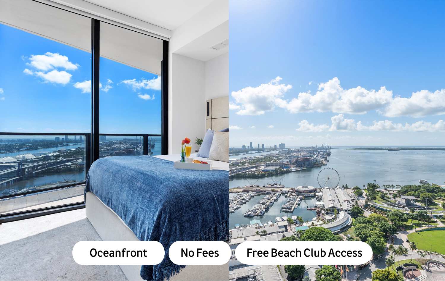 A split image featuring a modern bedroom with a blue bed and a large window overlooking a city and water on the left, and an aerial view of a vibrant city skyline with a marina and ocean on the right, with promotional text overlays.