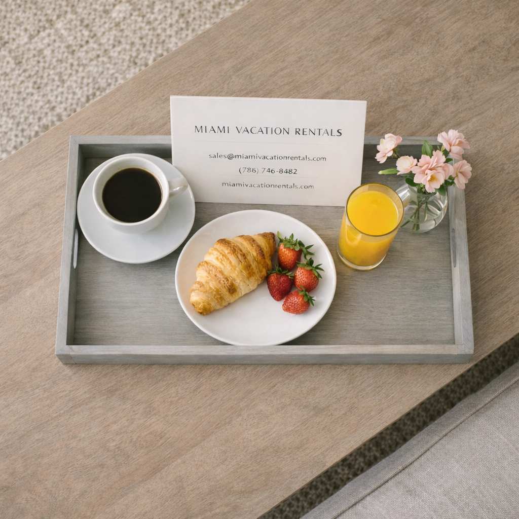 A light gray wooden tray holds a continental breakfast of coffee, orange juice, a croissant, and fresh strawberries, alongside a business card for Miami Vacation Rentals, all resting on a light wood table.