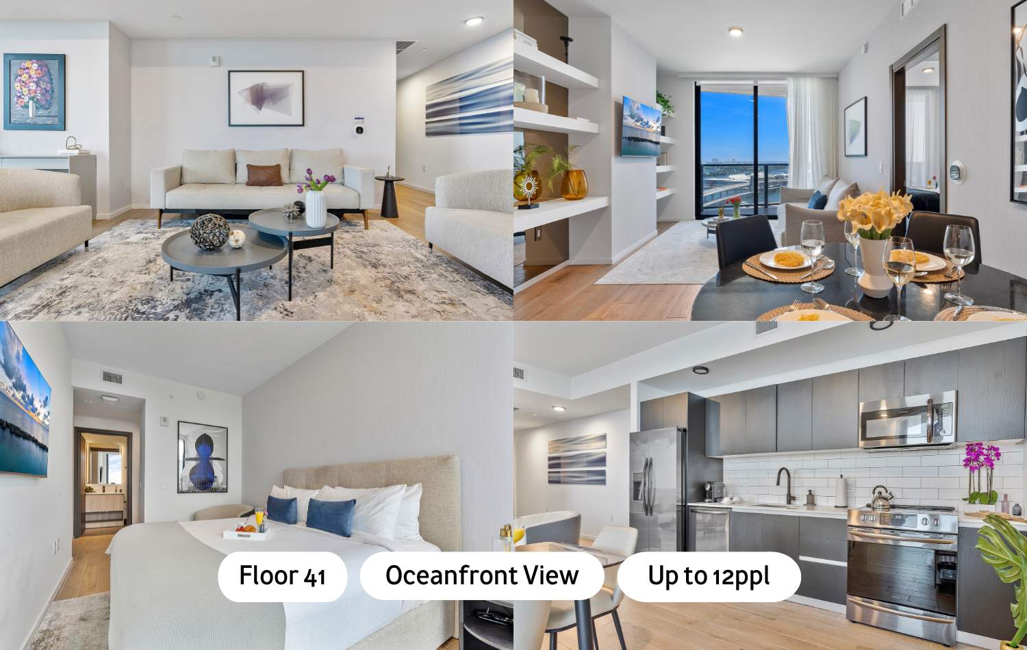 A dynamic collage showcasing the apartment's modern amenities, including a bright living room, a dining area with city views, a bedroom with large windows, and a sleek kitchen, highlighting its oceanfront location and high floor.