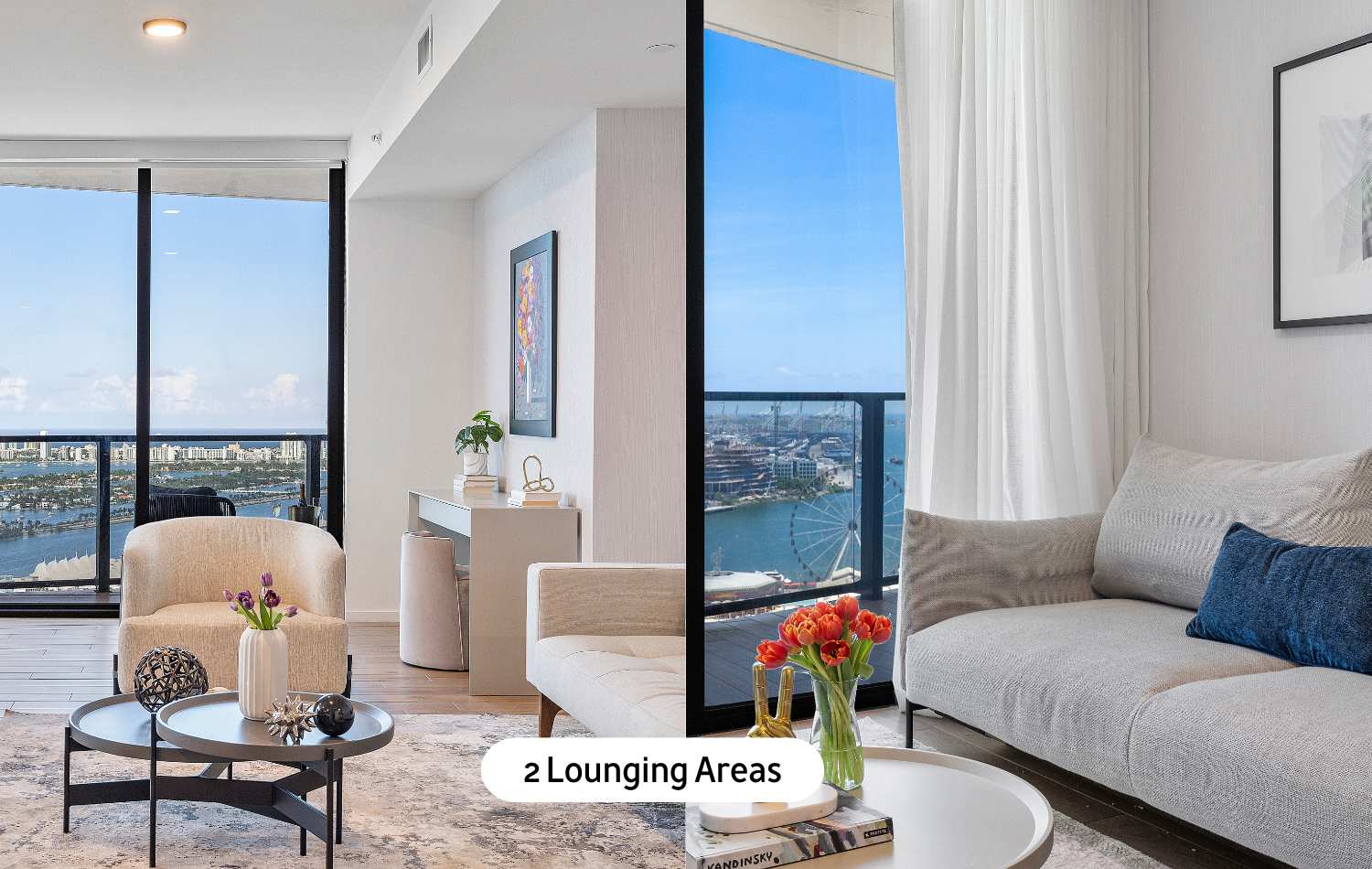 A split image presenting two distinct, contemporary lounging areas, each furnished with comfortable seating and coffee tables, complemented by expansive floor-to-ceiling windows offering panoramic ocean and city views.