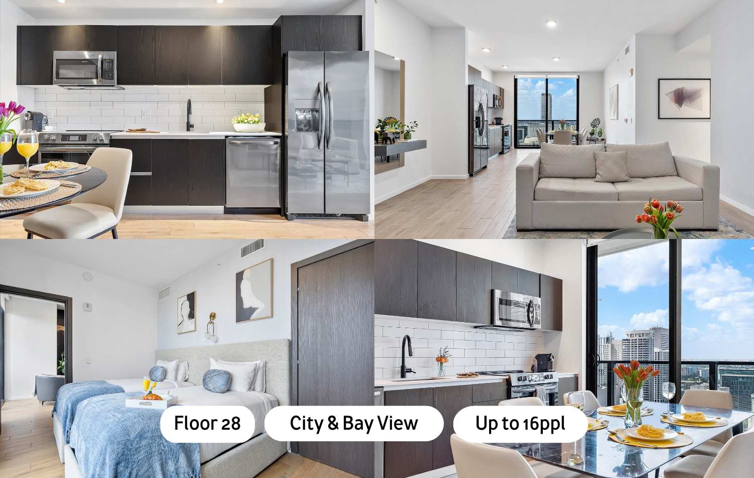 A composite image showcasing various areas of the apartment, including a modern kitchen with dark cabinetry, a bright living room with city views, a serene bedroom, and a dining area overlooking the bay.