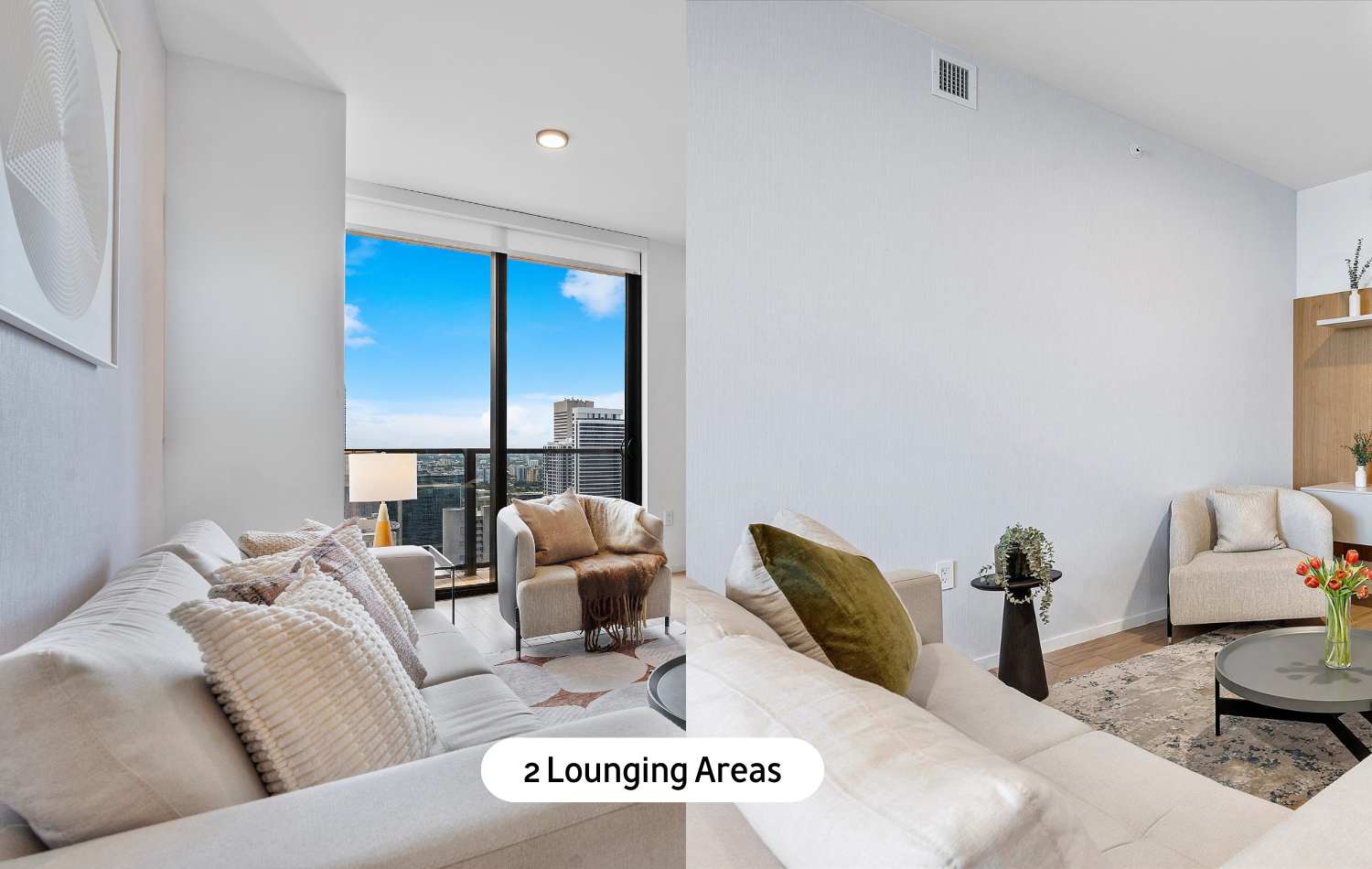 Two distinct lounging areas are presented, both featuring light-colored sectional sofas, plush throw pillows, and large windows offering expansive city views, set on light wood flooring.