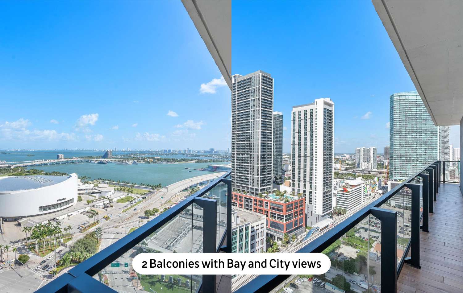 An expansive balcony with clear glass railings offering breathtaking panoramic views of the city skyline, multiple high-rise buildings, and a wide bay with bridges under a clear blue sky.