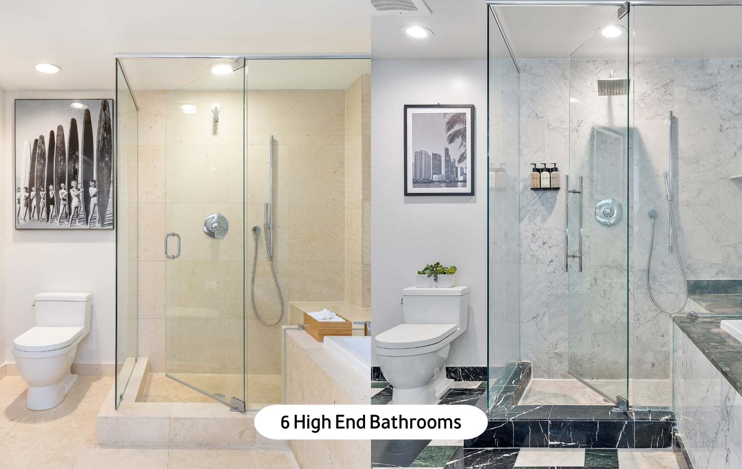 A split image showcasing two high-end bathrooms, one with a spacious walk-in shower and light marble tiling, and the other featuring a similar shower with contrasting dark and light marble patterns, both equipped with modern toilets.
