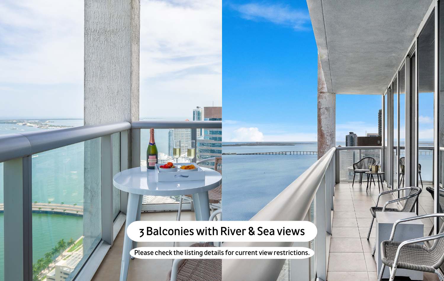 Two modern balconies with glass railings offer panoramic views of the city skyline, river, and distant sea, one featuring a small white table with champagne and snacks.