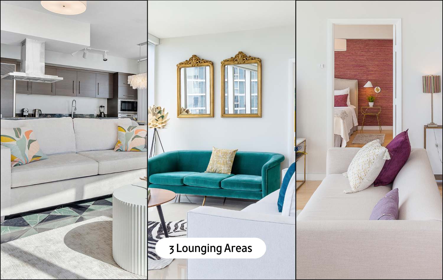 A triptych showcasing three distinct lounging areas, featuring a light-colored sofa with a modern kitchen backdrop, a vibrant teal sofa with ornate gold mirrors, and another cozy sofa with colorful pillows, emphasizing the property's multiple comfortable spaces.