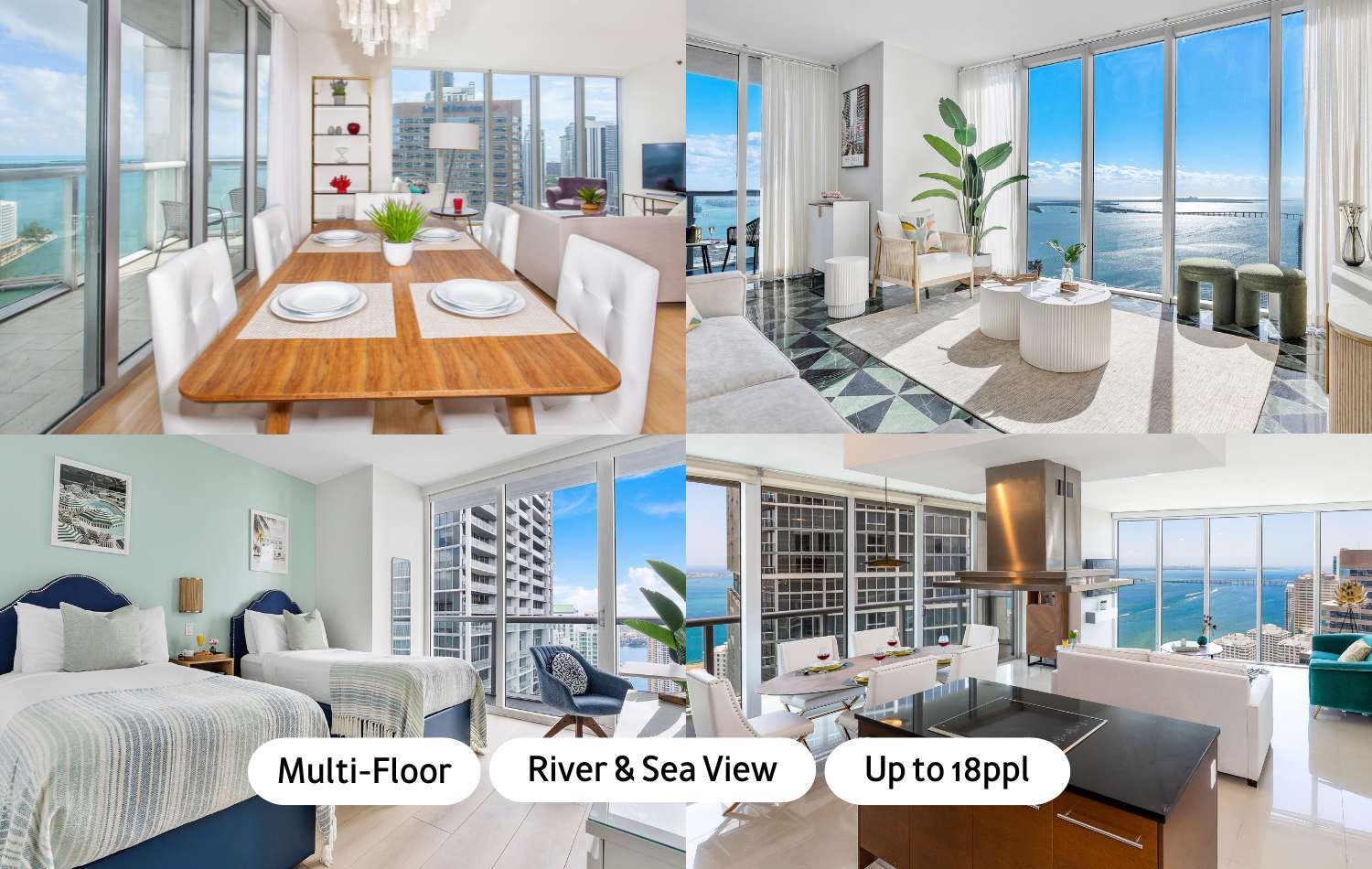 A dynamic collage showcasing various spaces within the multi-floor apartment, including a modern dining area, a bright living room with water views, a twin bedroom, and a sleek kitchen, highlighting the property's river and sea views and capacity for large groups.