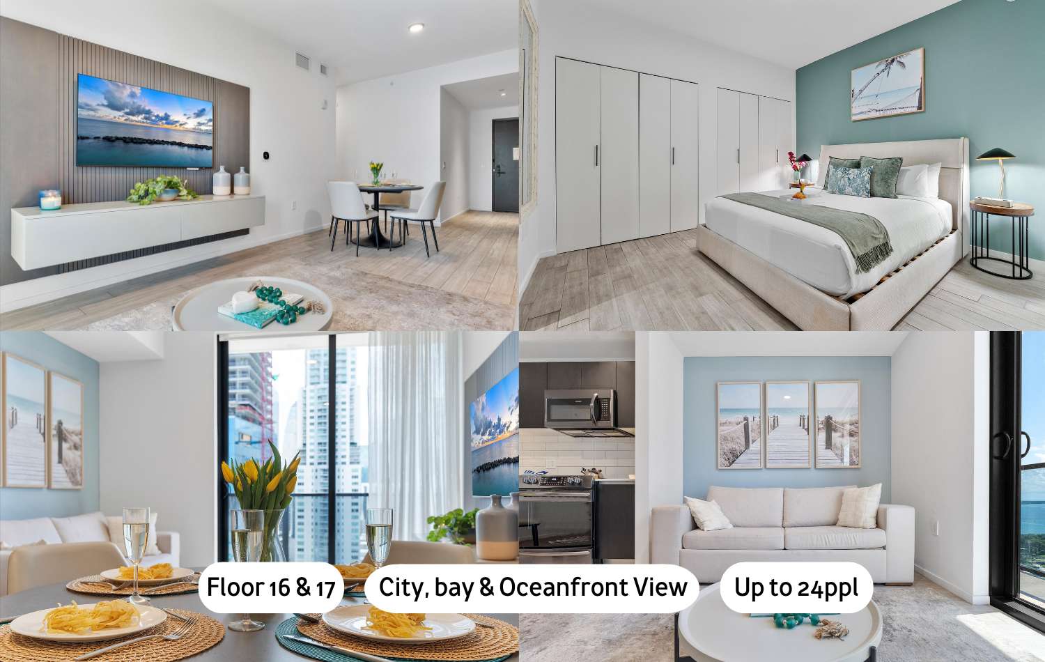 A collage showcasing various rooms of the apartment, including a modern living room with a wall-mounted TV, a dining area, a bedroom with a large bed and white wardrobes, and another living area with a sofa and a balcony offering city and ocean views.