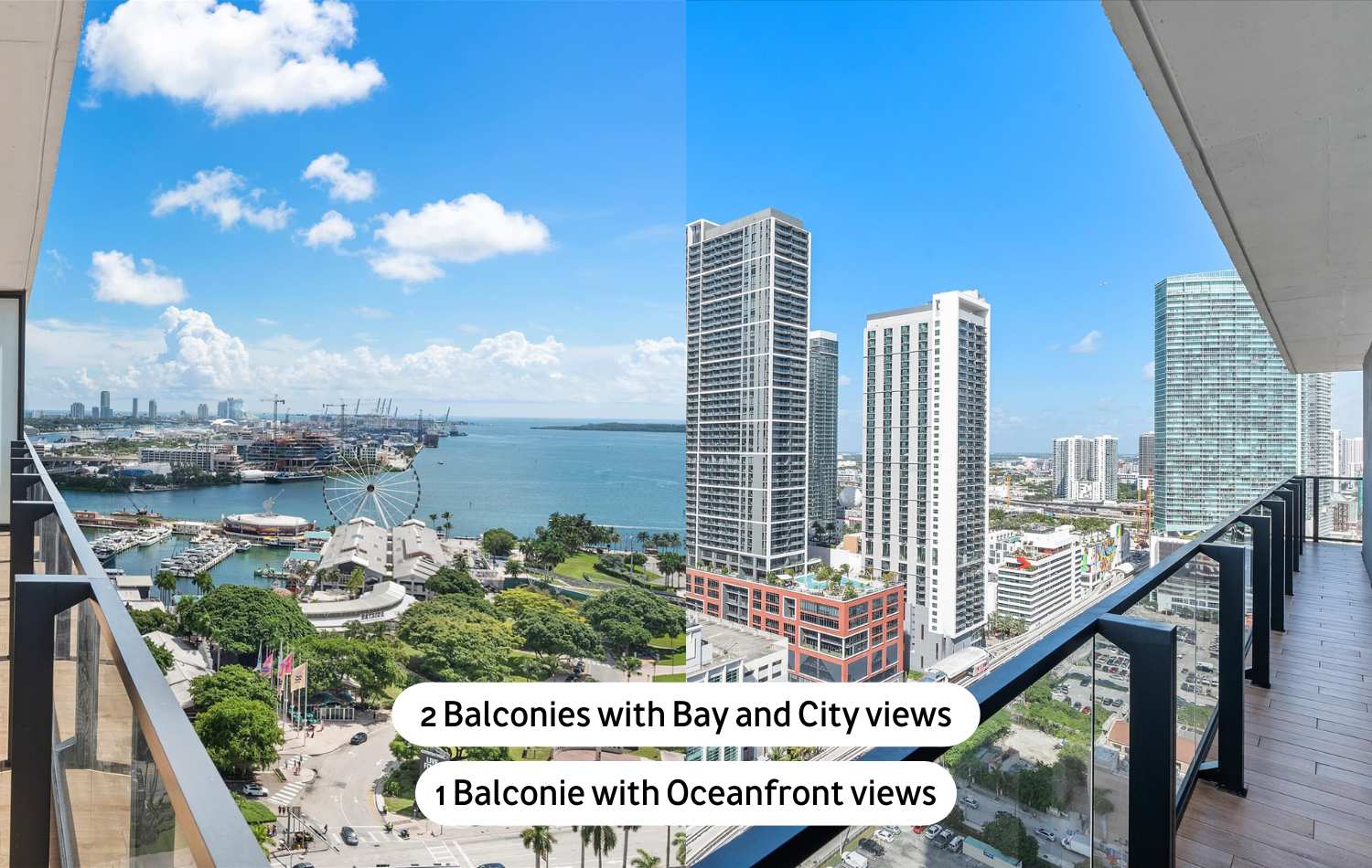 Expansive panoramic view from a balcony, showcasing a vibrant city skyline, a wide bay with boats and a Ferris wheel, and distant oceanfront views under a bright blue sky with scattered clouds.