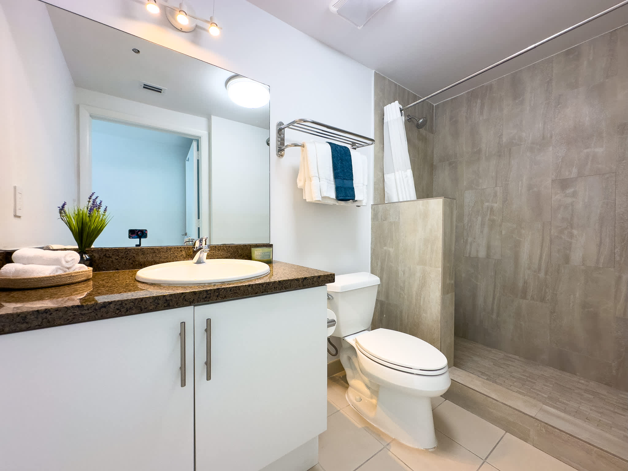 A modern bathroom featuring a dark granite-topped vanity with a white sink, a large mirror, a toilet, and a spacious walk-in shower with light gray tiled walls.