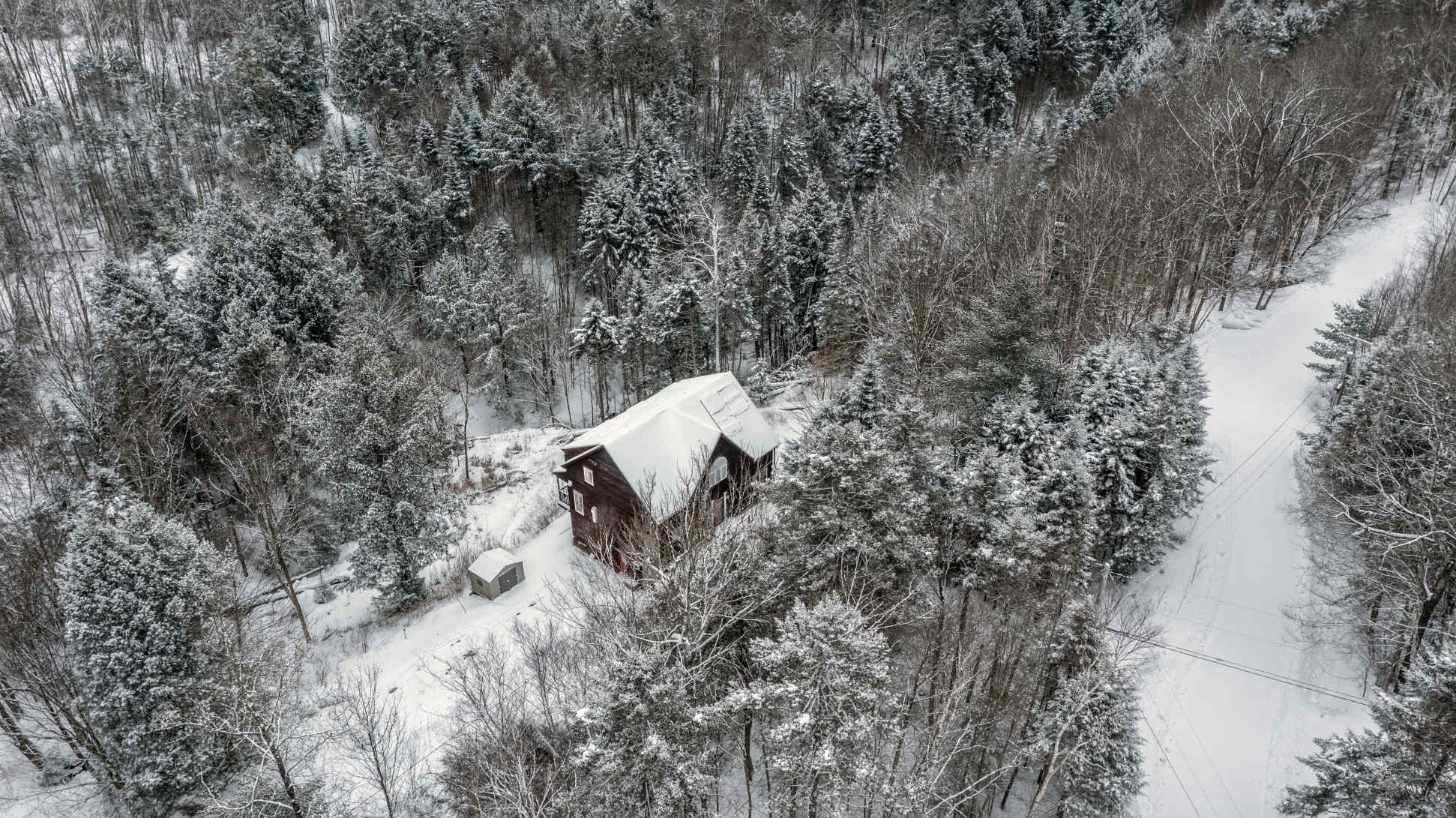 An aerial view of a dark-colored chalet nestled among snow-covered evergreen and deciduous trees in a winter landscape. A winding snowy road is visible, highlighting the secluded mountain setting.