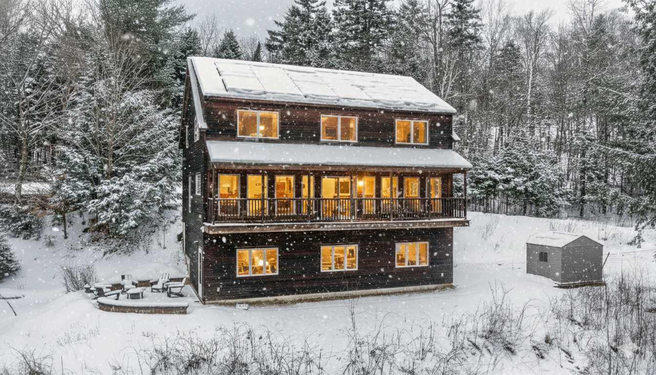 A dark-stained wooden chalet with multiple levels and illuminated windows is set against a backdrop of snow-covered trees, with light snow falling, emphasizing its cozy winter ambiance and outdoor seating area.