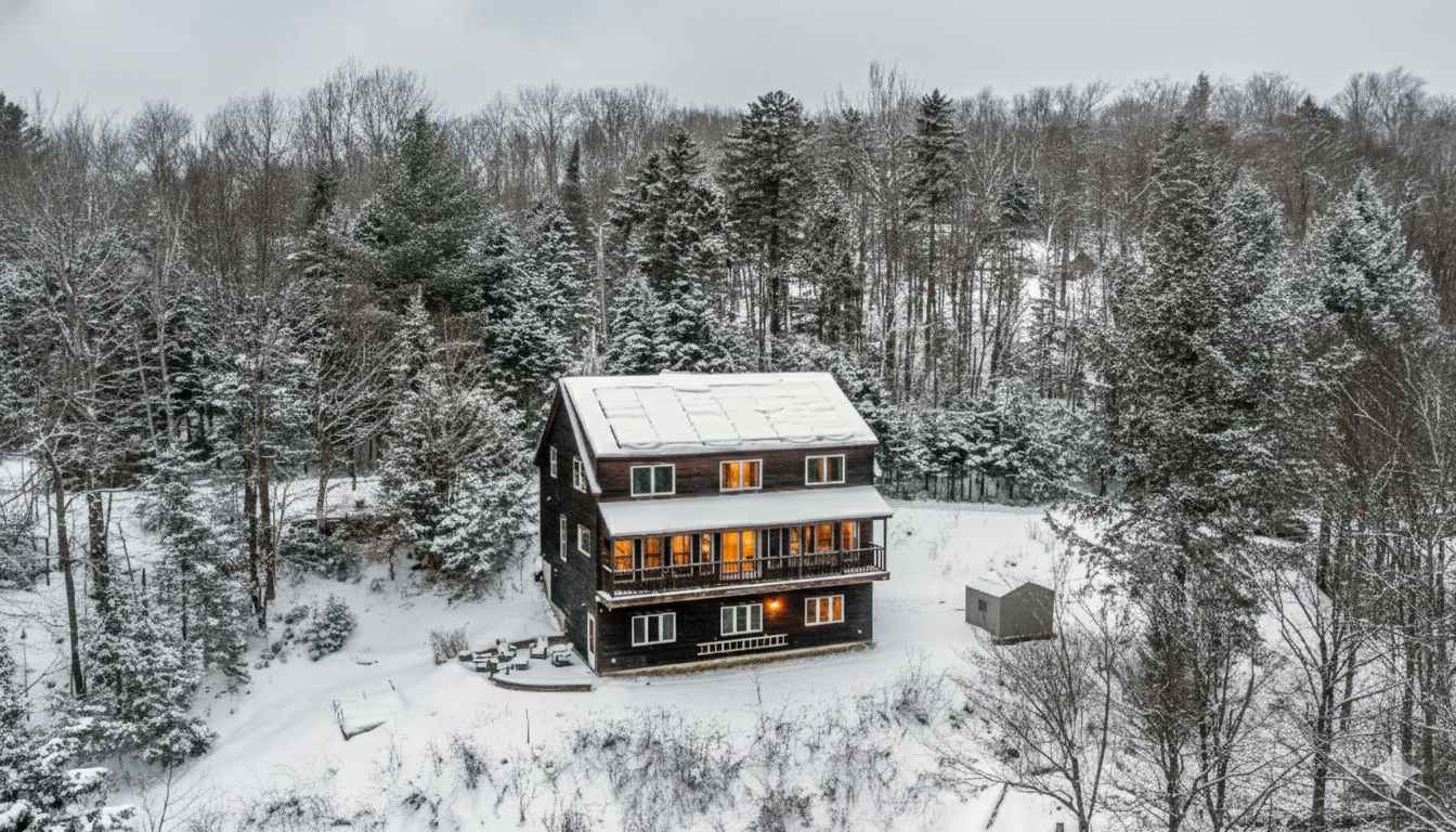 A multi-story dark-stained wooden house stands on a snow-covered slope, featuring multiple windows with warm interior lights and a prominent balcony on the second level, surrounded by snow-dusted evergreen and bare deciduous trees.