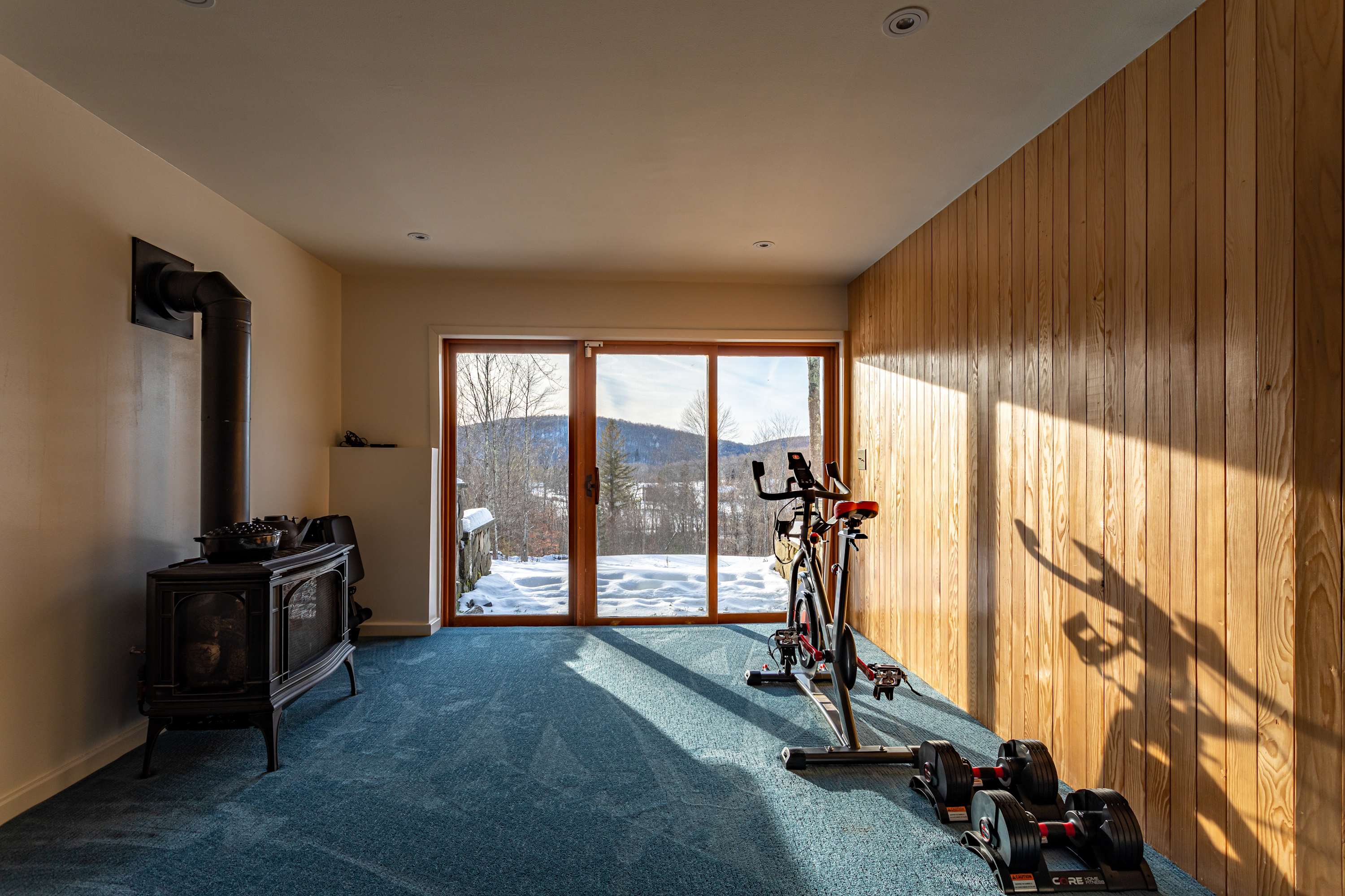 A dedicated fitness corner features an exercise bike and dumbbells, positioned in front of large glass sliding doors that frame a stunning view of a snow-covered mountain range. A classic black wood-burning stove sits nearby.