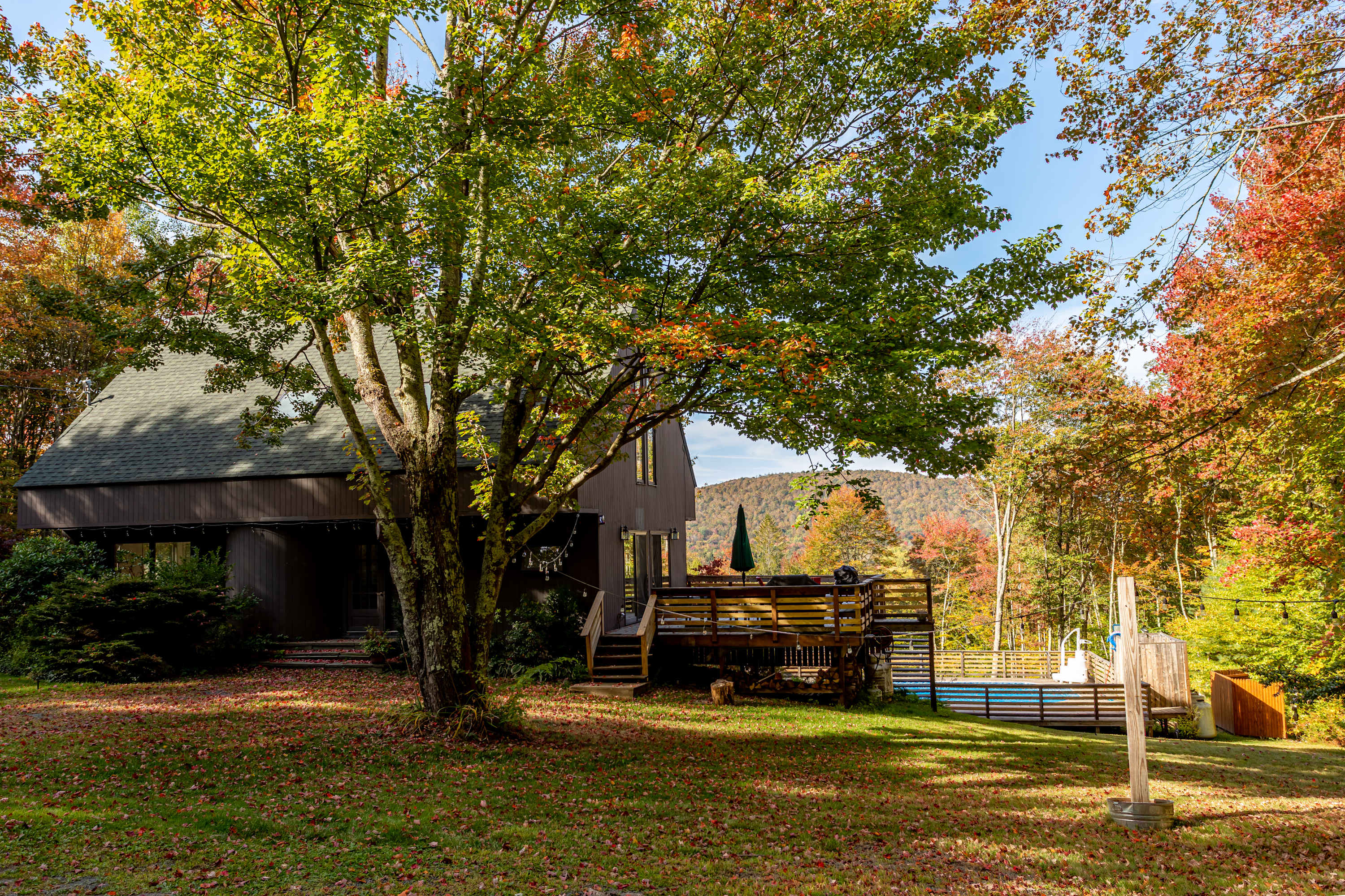 A wide shot of the brown house nestled among trees with colorful autumn leaves, showing the back deck and swimming pool area. A large tree with green leaves stands prominently in the foreground, framing the view of the house and distant hills.