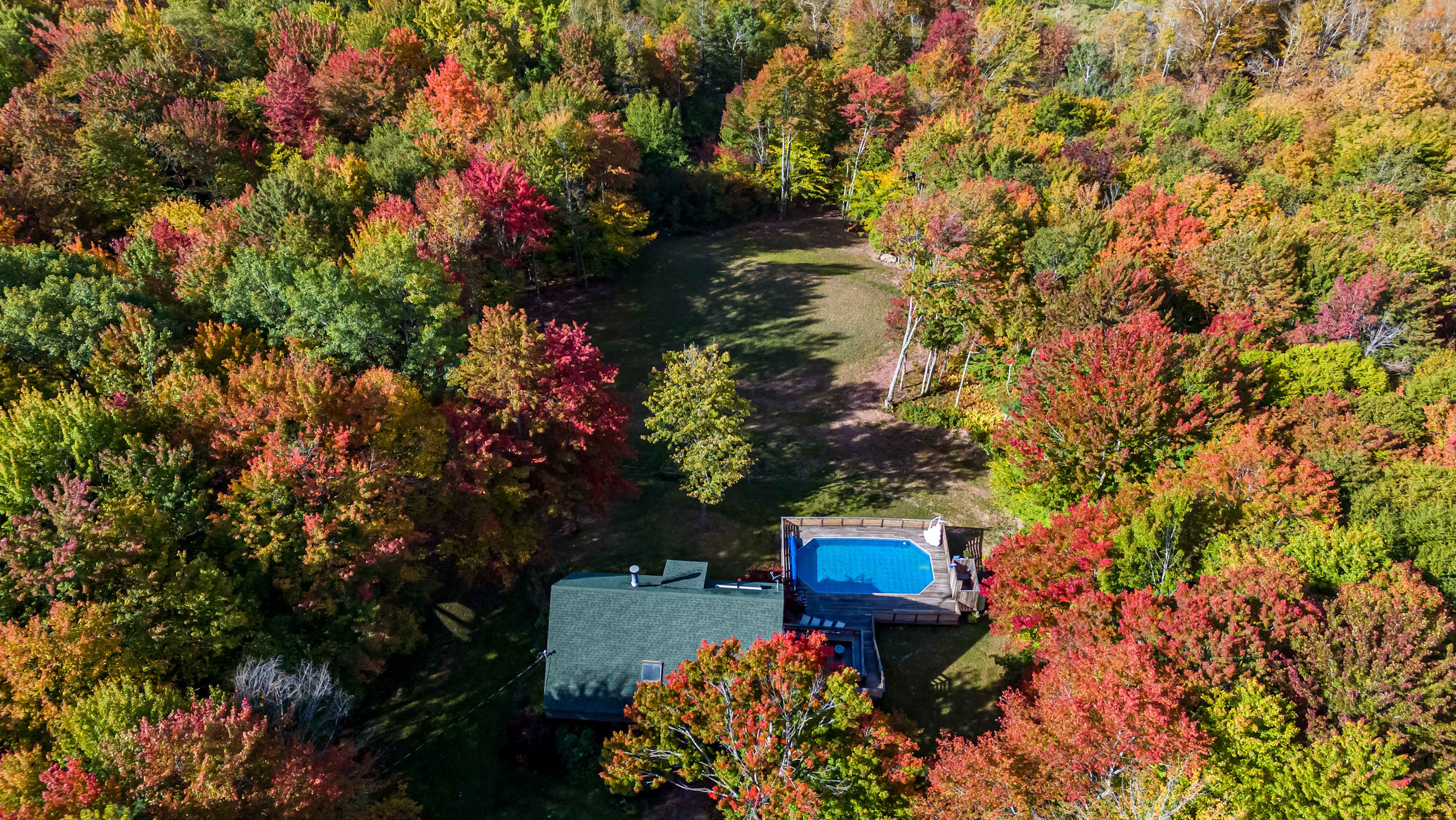 A stunning aerial view captures the property, featuring a house with a green roof, a blue swimming pool with a surrounding deck, all nestled within a vast, colorful forest ablaze with autumn foliage.