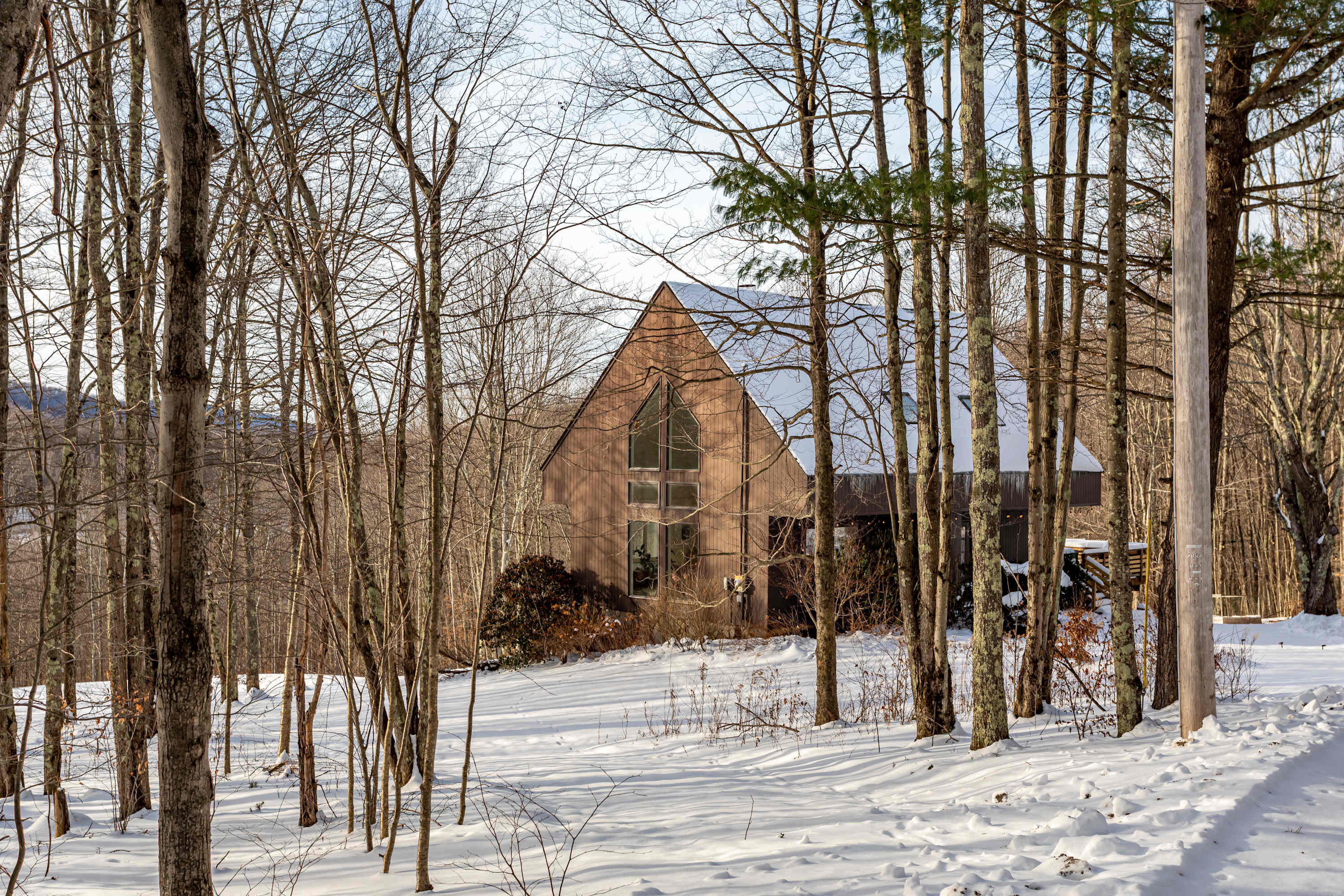 A rustic A-frame house with dark brown siding and large windows is partially obscured by bare trees in a snow-covered, wooded setting. The architecture suggests a cozy mountain retreat.