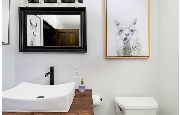 A close-up of a modern bathroom vanity with a white vessel sink and a black faucet, set on a dark wood countertop. A black-framed mirror reflects a llama print, which also hangs on the adjacent white wall.