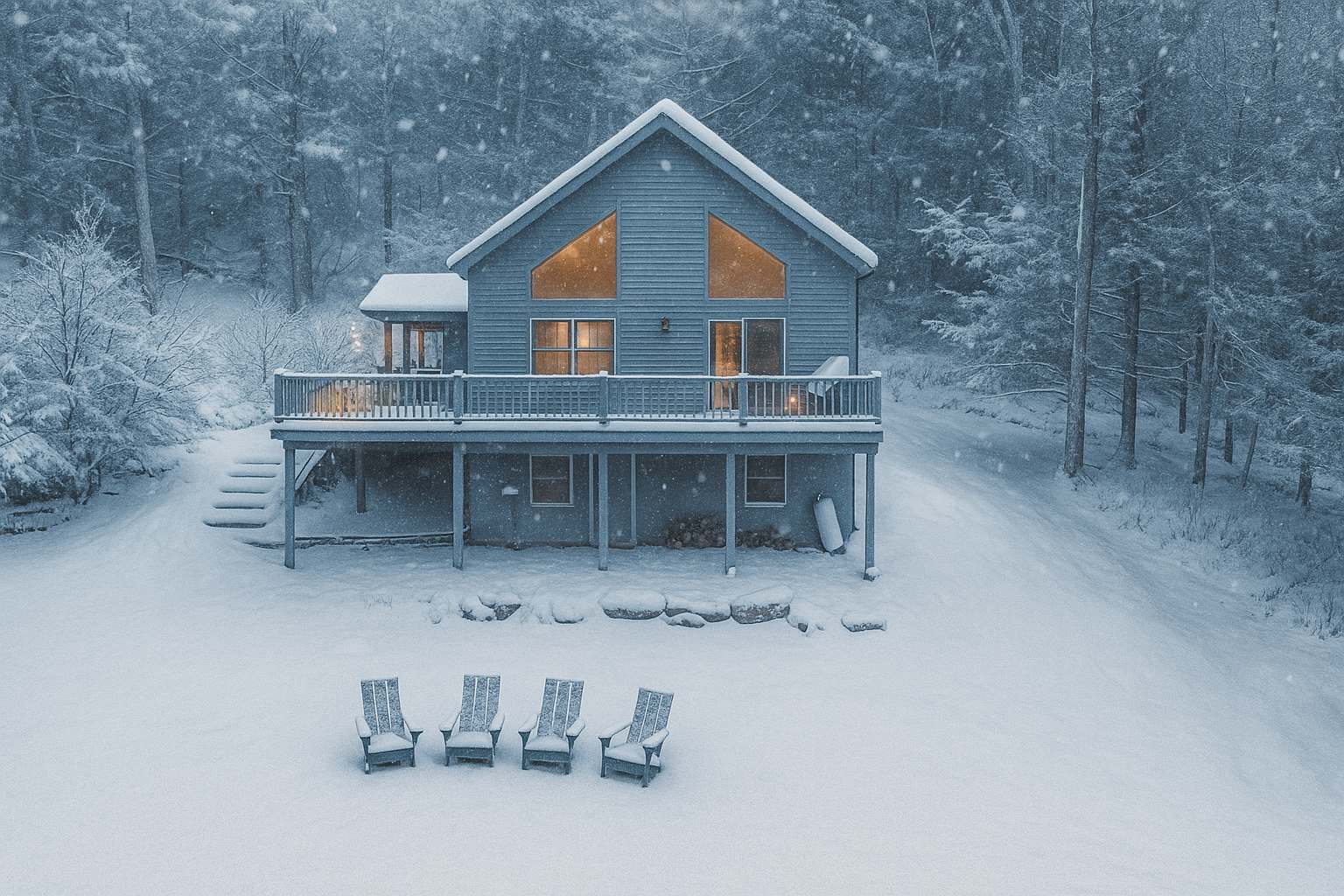 An aerial view of the chalet-style house covered in a blanket of snow, surrounded by snow-dusted trees under a soft, snowy sky. The raised deck is visible, and four Adirondack chairs are arranged in the snow in front of the house.