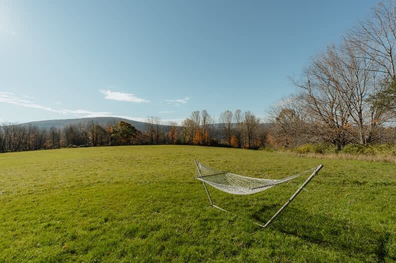 A white mesh hammock on a stand placed in a wide green field, offering serene views of distant mountains and a clear blue sky. Bare trees line the horizon.