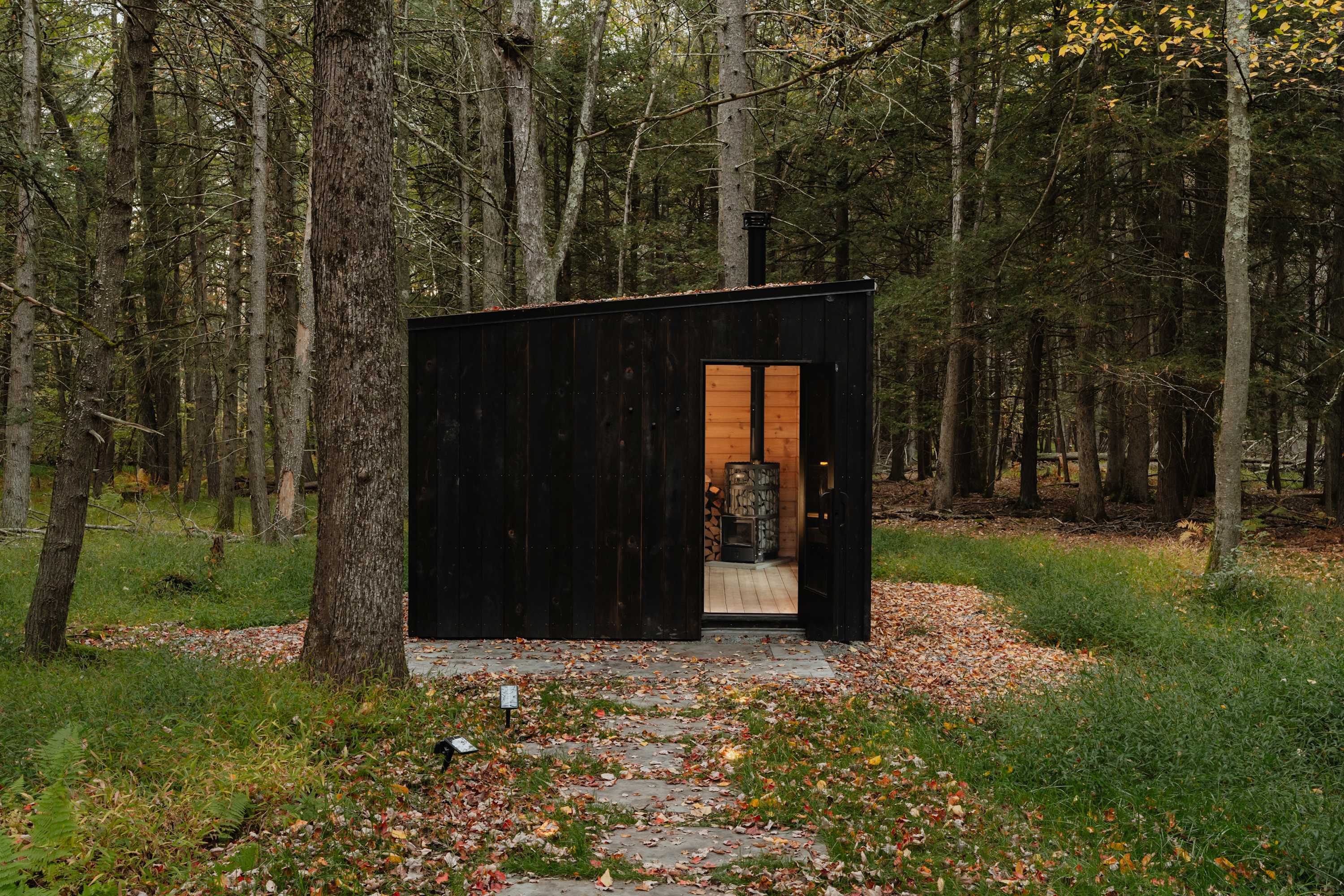 Small, modern black-clad sauna building nestled in a dense forest, with a warm glow emanating from its open door, revealing a wood-burning stove and wooden interior.